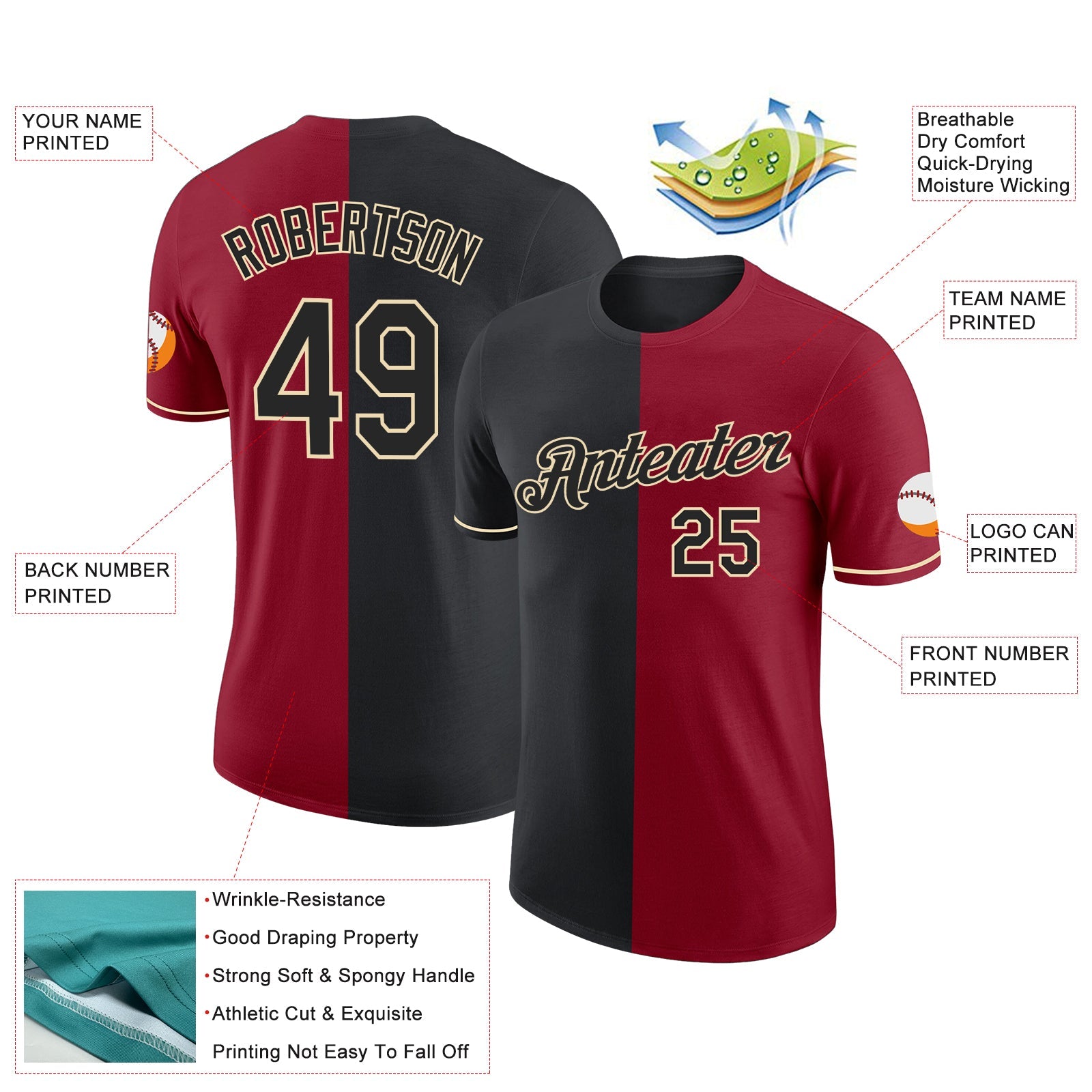 Custom Crimson Black-Cream Split Fashion Performance T-Shirt view 2