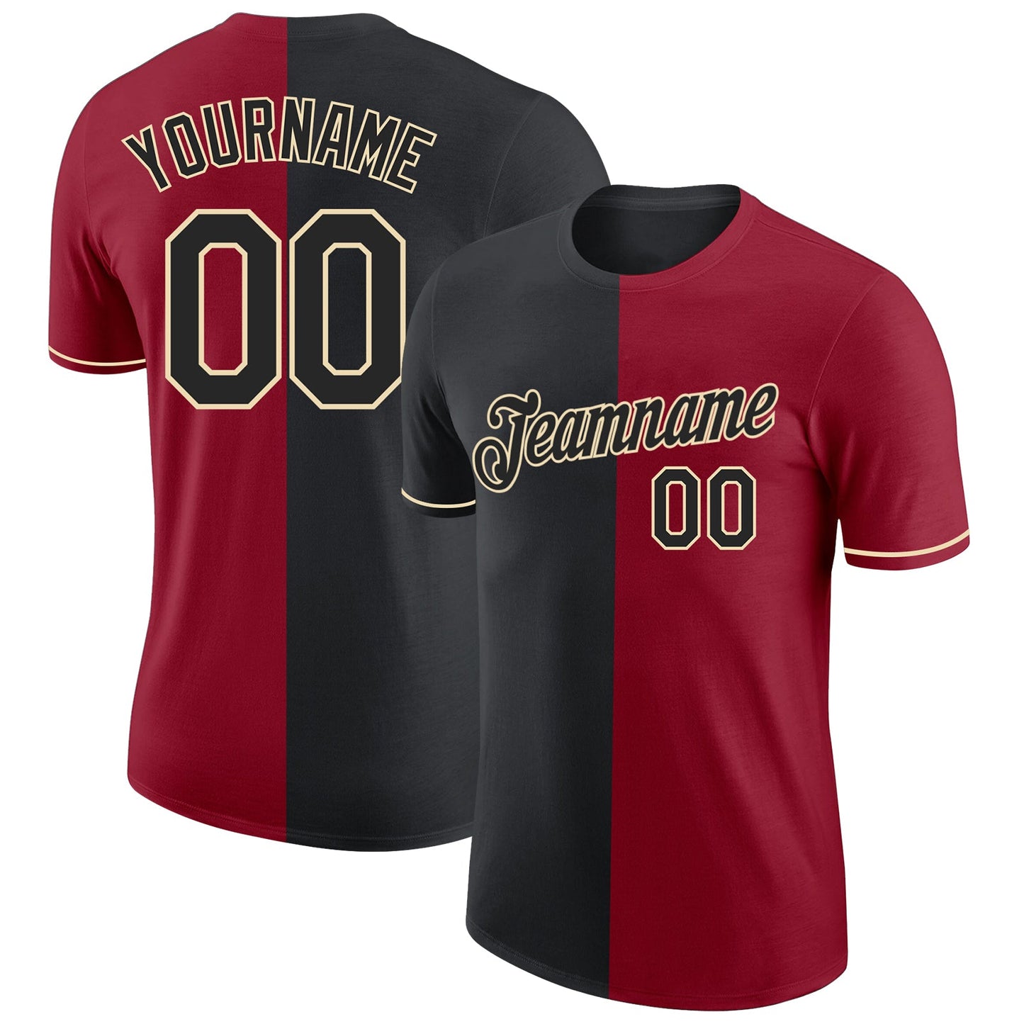 Custom Crimson Black-Cream Split Fashion Performance T-Shirt - Main View