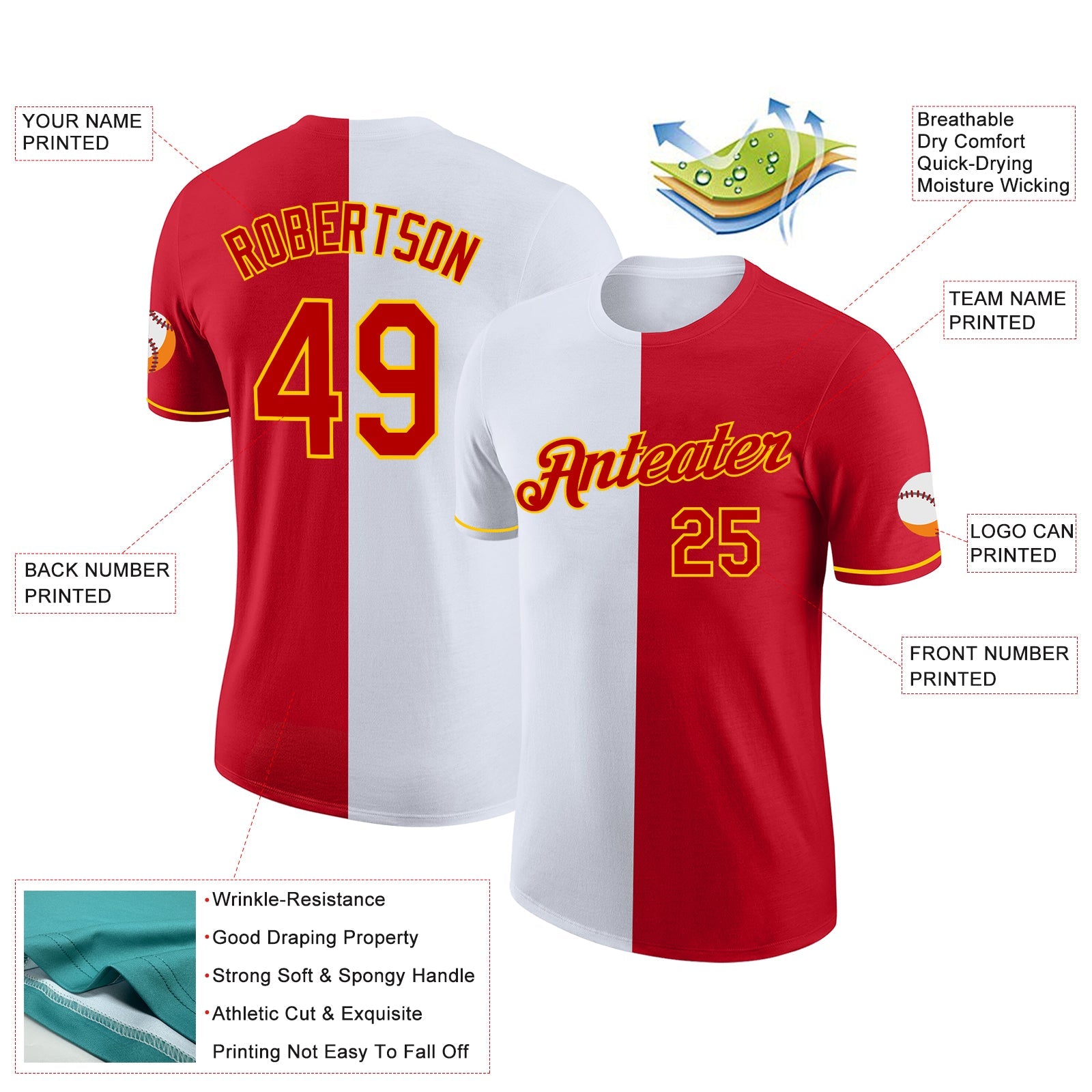 Custom Red White-Yellow Split Fashion Performance T-Shirt view 2