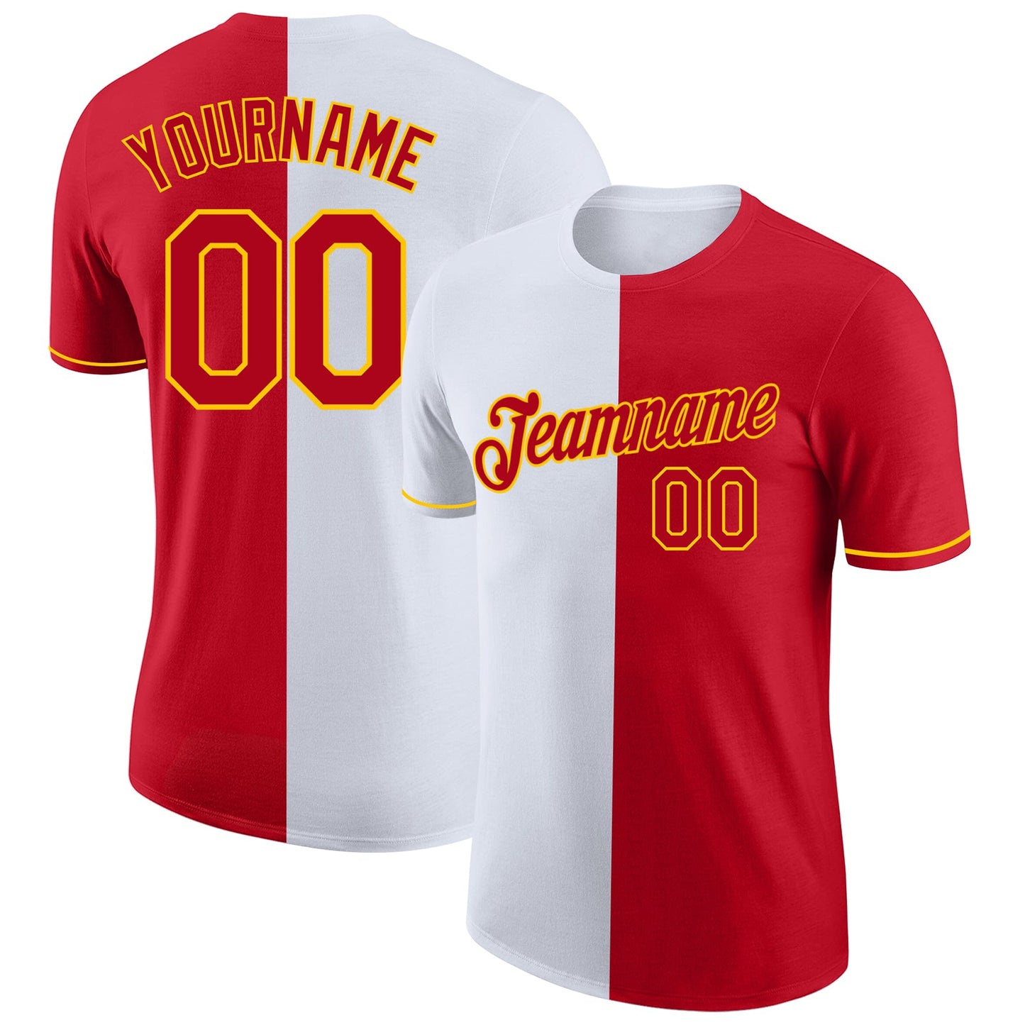 Custom Red White-Yellow Split Fashion Performance T-Shirt - Main View