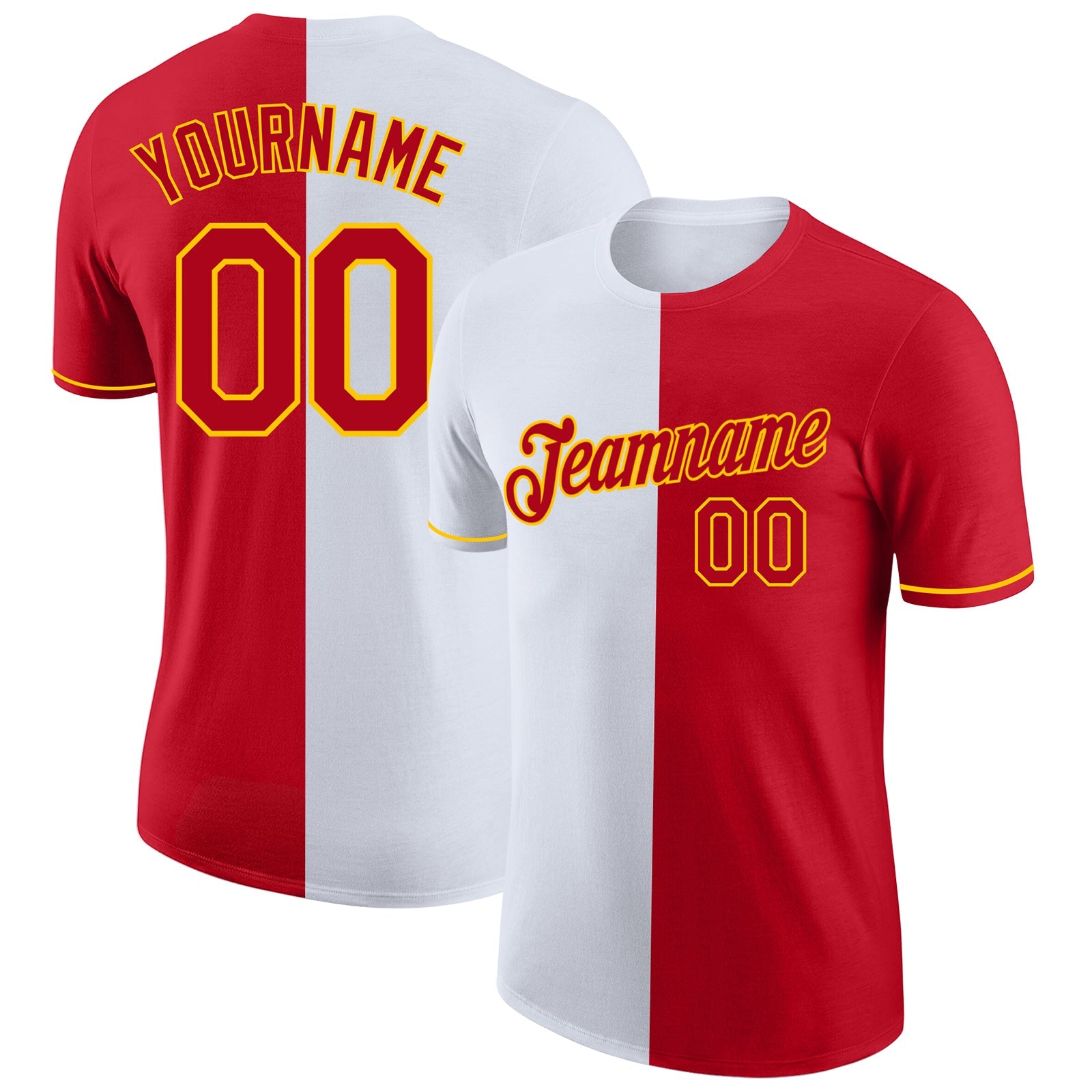 Custom Red White-Yellow Split Fashion Performance T-Shirt - Main View