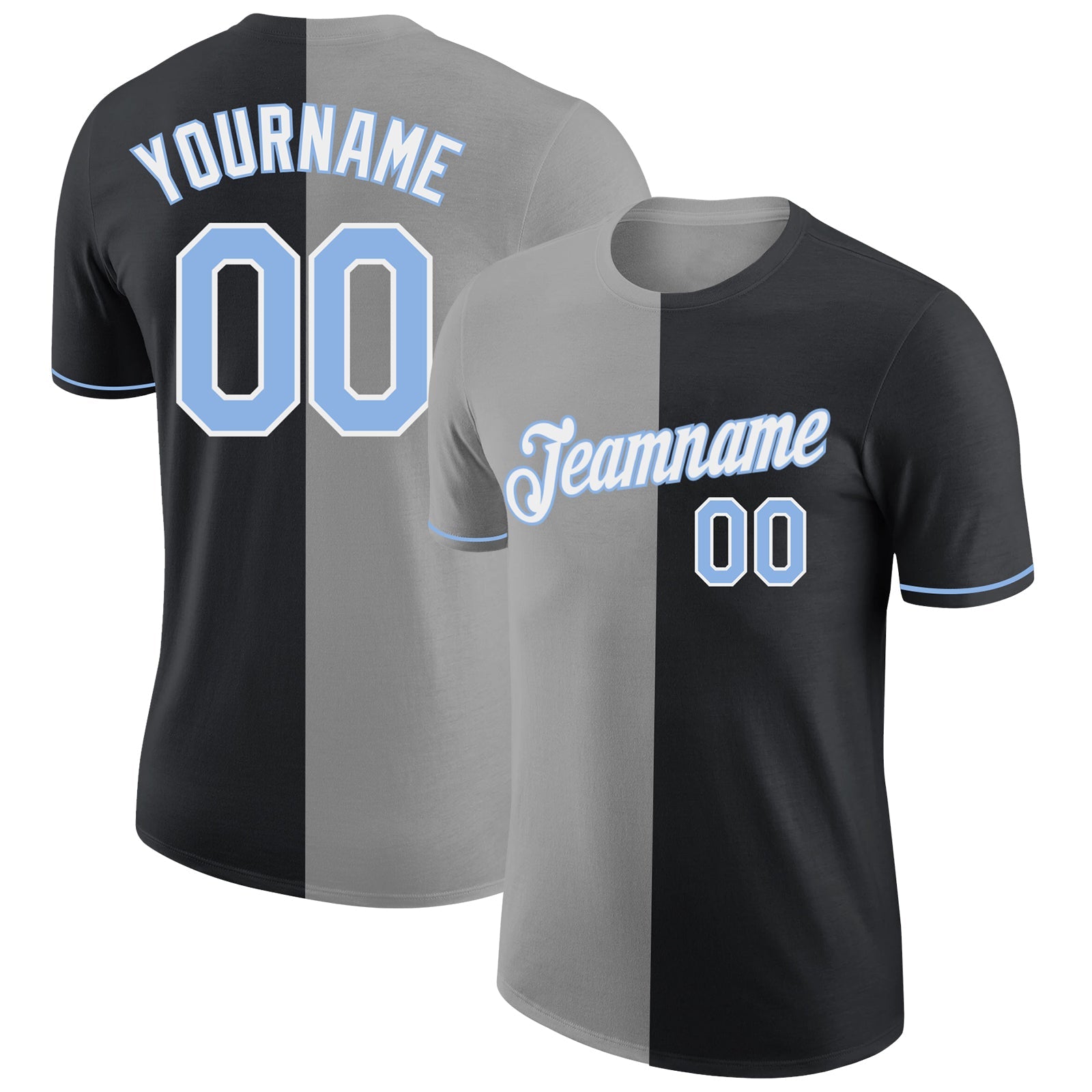 Custom Black Light Blue-Gray Split Fashion Performance T-Shirt - Main View
