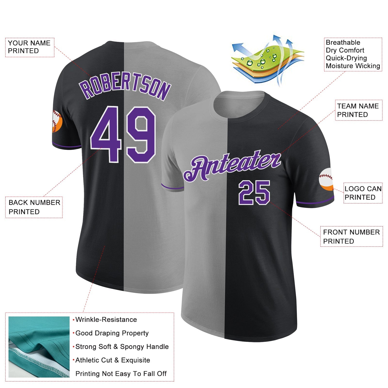Custom Black Purple-Gray Split Fashion Performance T-Shirt view 2