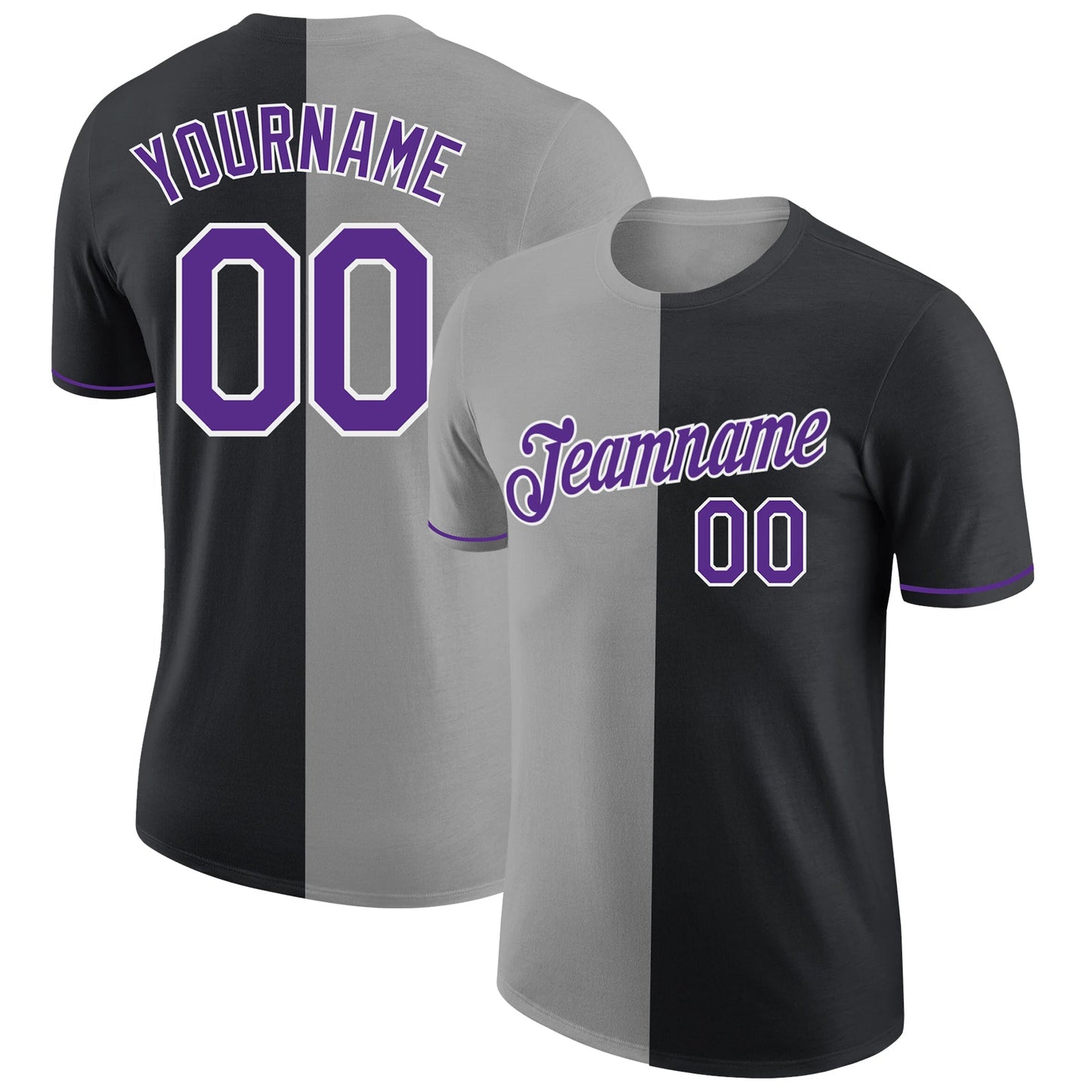 Custom Black Purple-Gray Split Fashion Performance T-Shirt - Main View