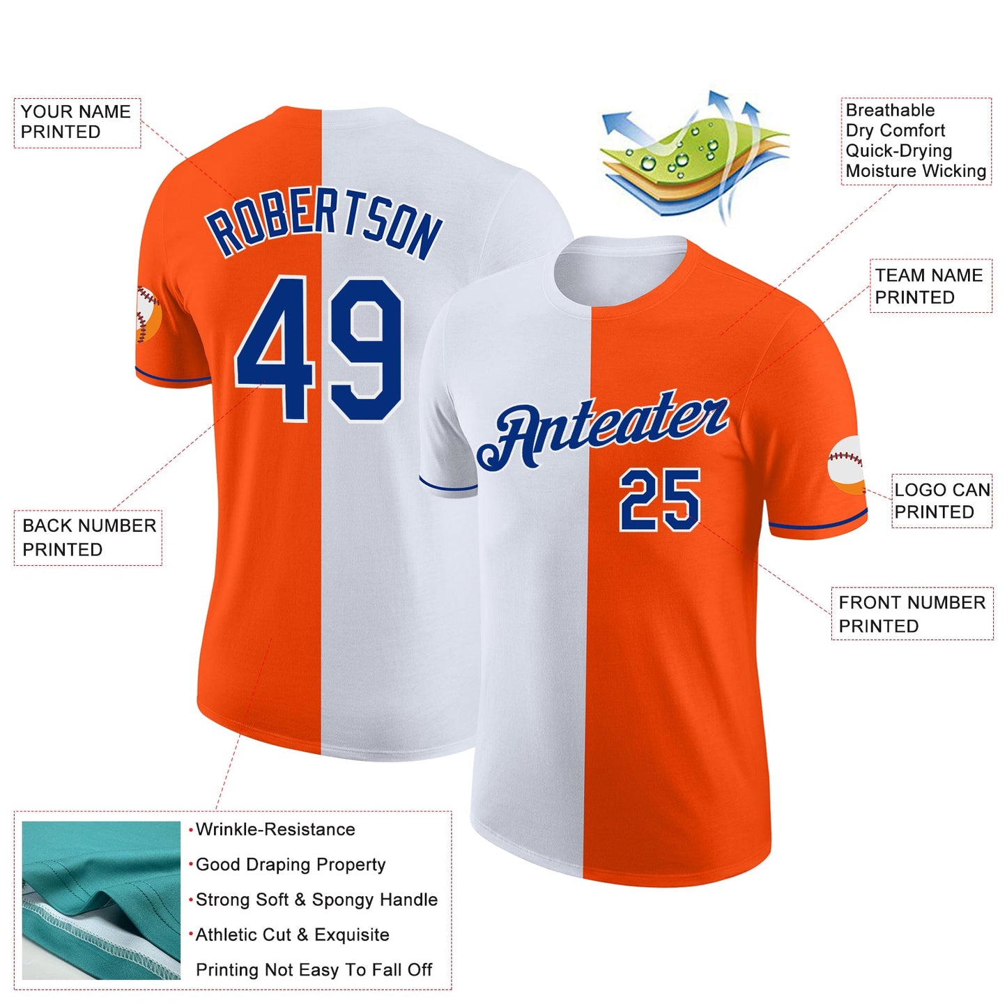 Custom Orange Royal-White Split Fashion Performance T-Shirt view 2