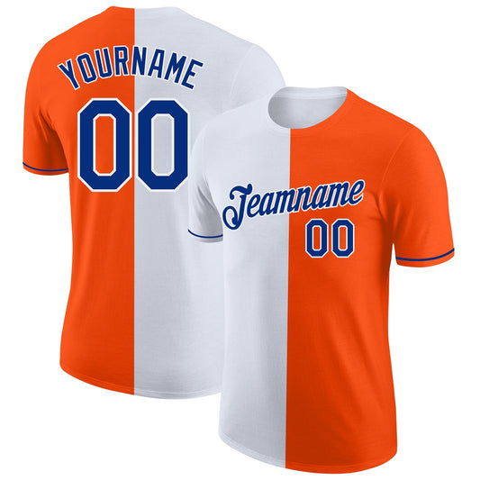 Custom Orange Royal-White Split Fashion Performance T-Shirt - Main View