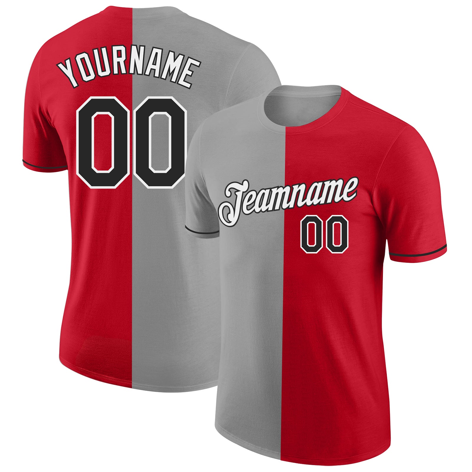 Custom Red Black-Gray Split Fashion Performance T-Shirt - Main View