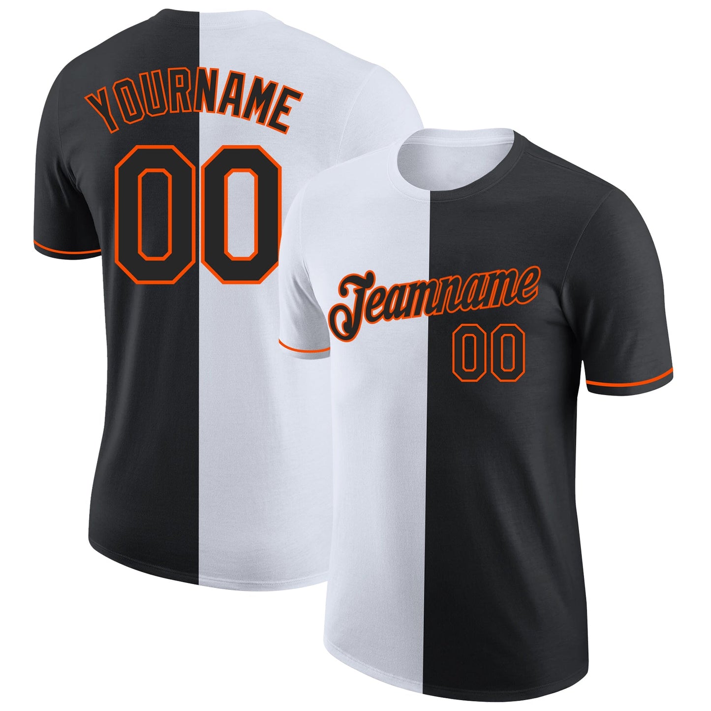 Custom Black White-Orange Split Fashion Performance T-Shirt - Main View