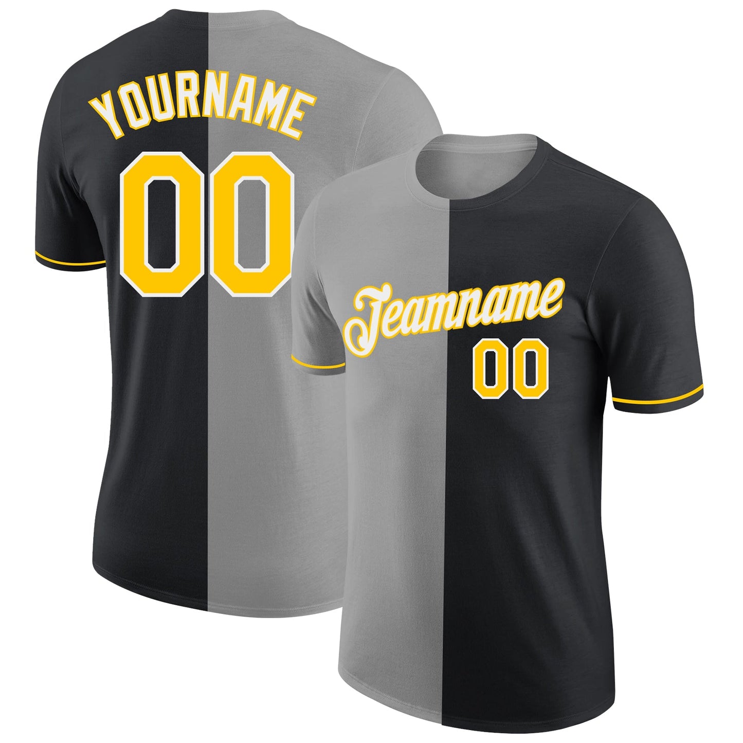 Custom Black Yellow-Gray Split Fashion Performance T-Shirt - Main View
