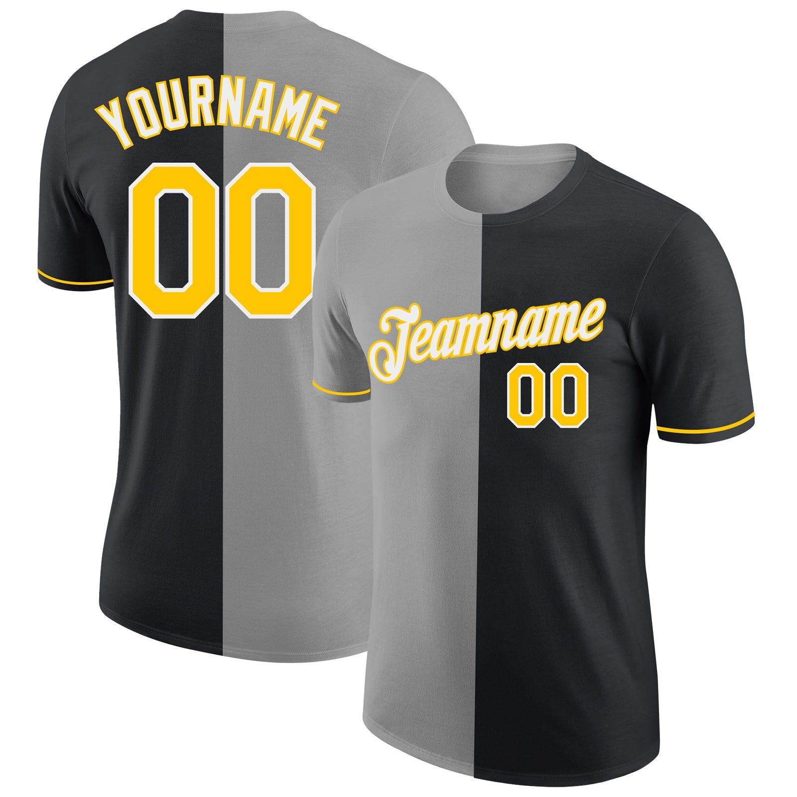 Custom Black Yellow-Gray Split Fashion Performance T-Shirt - Main View