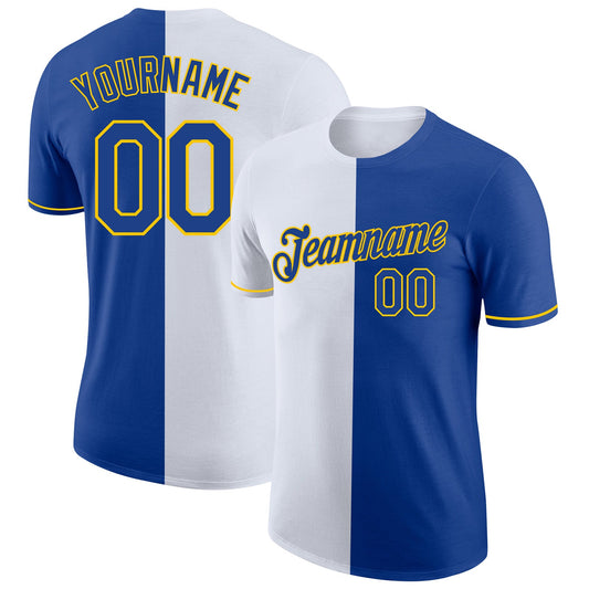 Custom Royal White-Yellow Split Fashion Performance T-Shirt - Main View