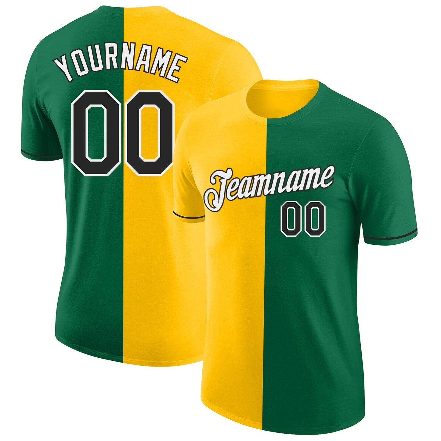 Custom Kelly Green Black-Yellow Split Fashion Performance T-Shirt - Main View
