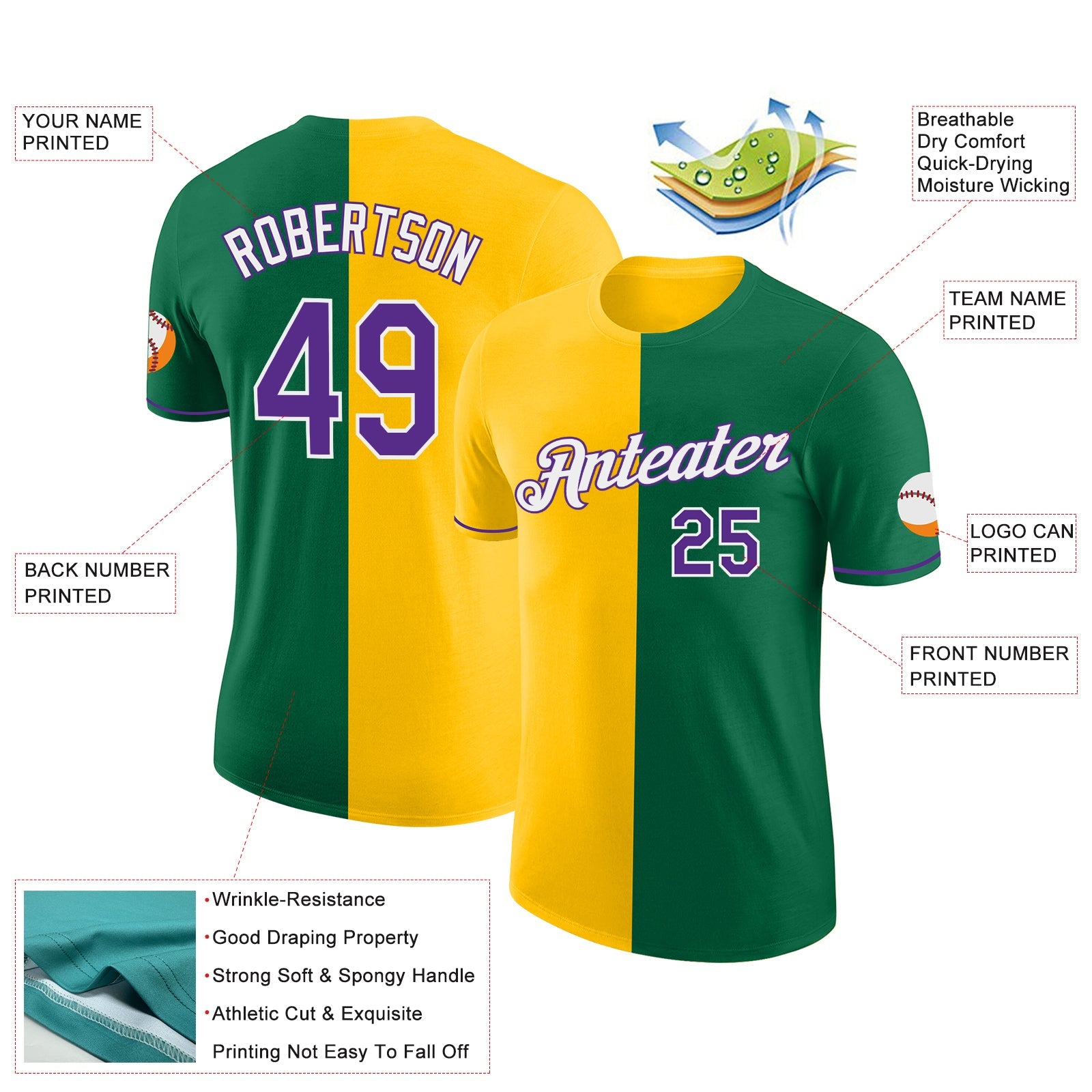 Custom Kelly Green Purple-Yellow Split Fashion Performance T-Shirt view 2