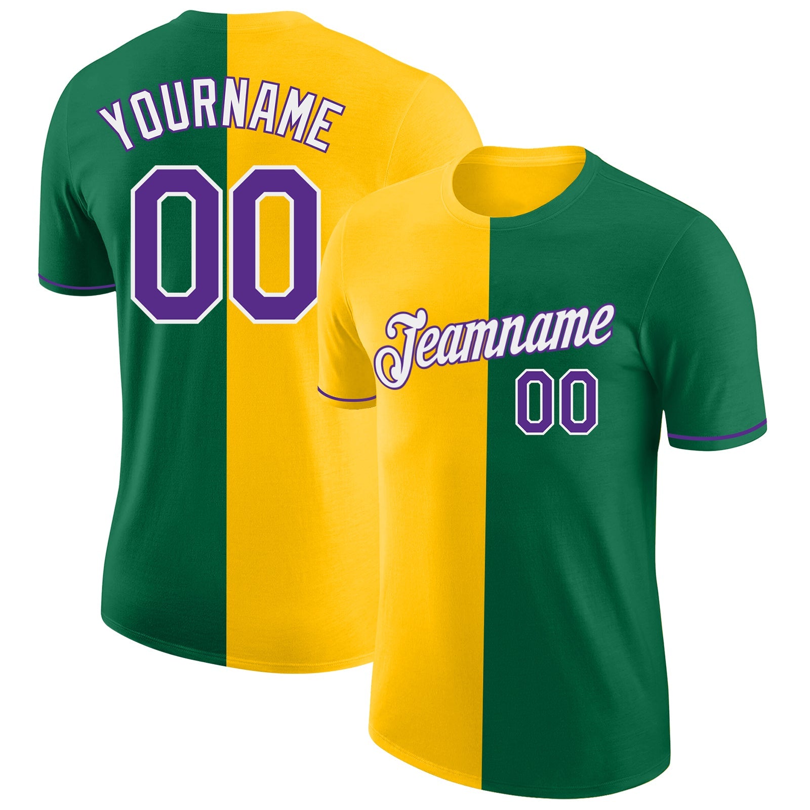 Custom Kelly Green Purple-Yellow Split Fashion Performance T-Shirt - Main View