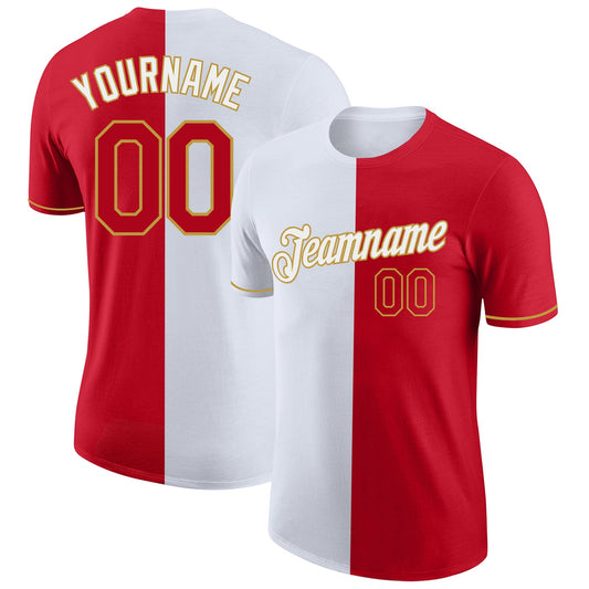 Custom Red White-Old Gold Split Fashion Performance T-Shirt - Main View