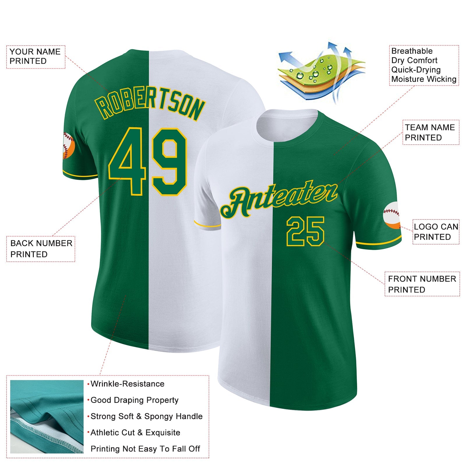 Custom Kelly Green White-Yellow Split Fashion Performance T-Shirt view 2