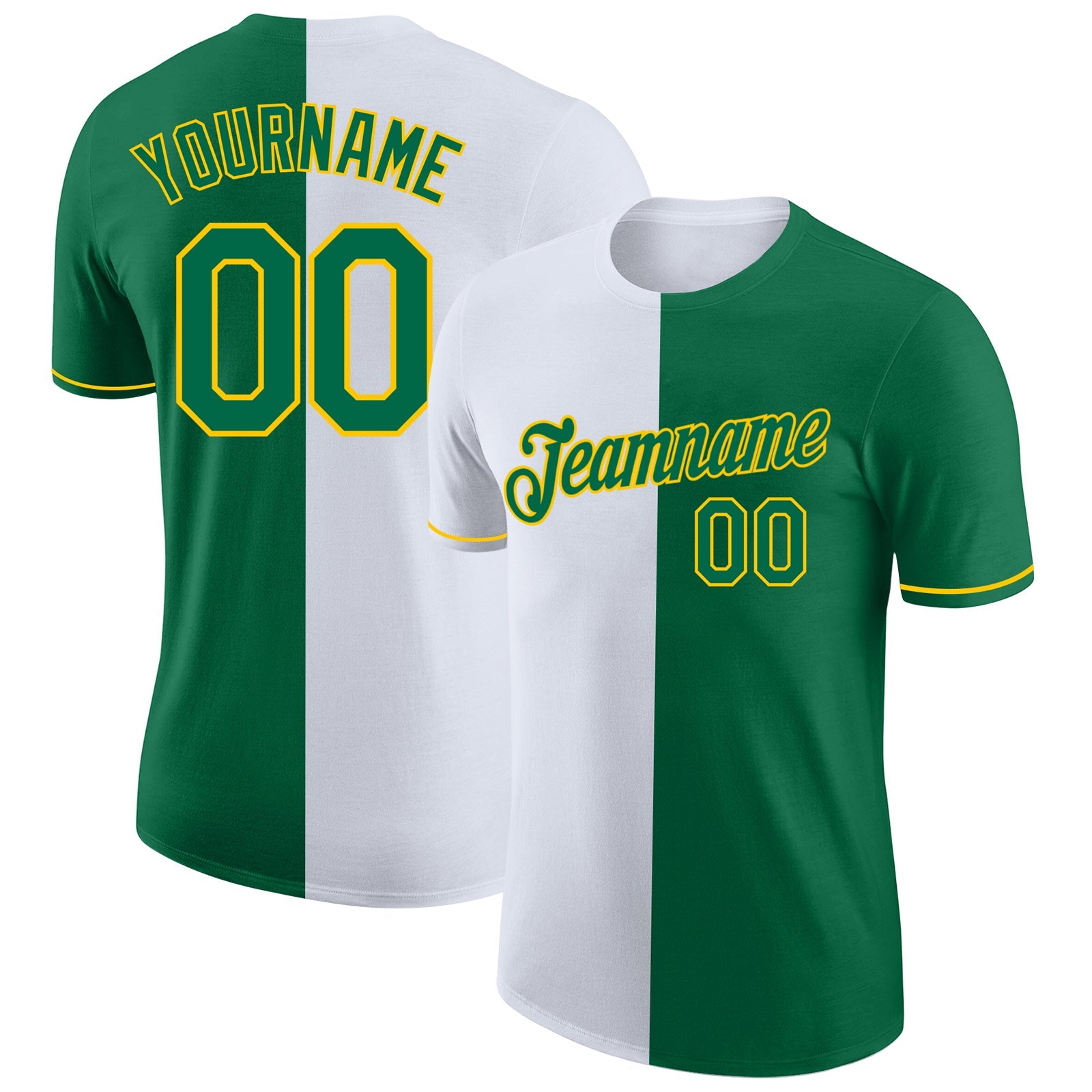 Custom Kelly Green White-Yellow Split Fashion Performance T-Shirt - Main View