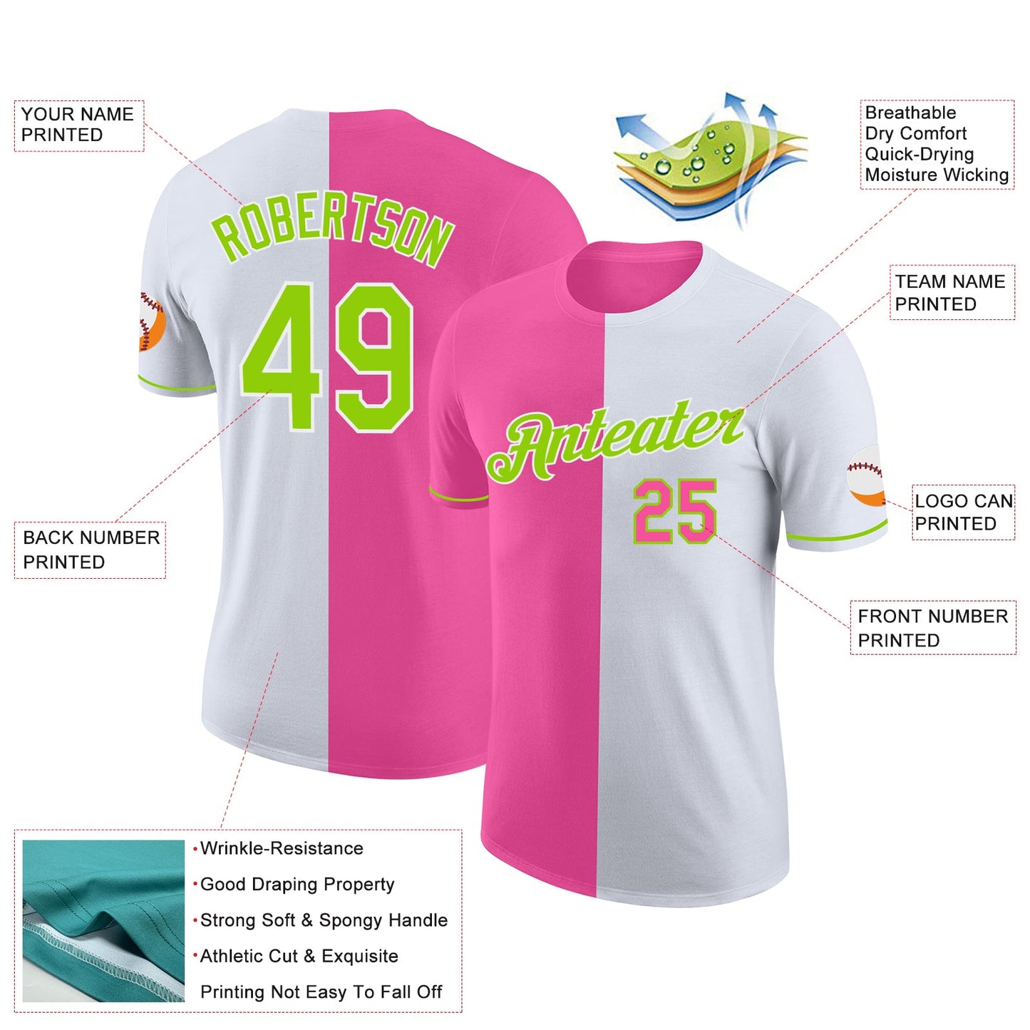 Custom White Neon Green-Pink Split Fashion Performance T-Shirt view 2