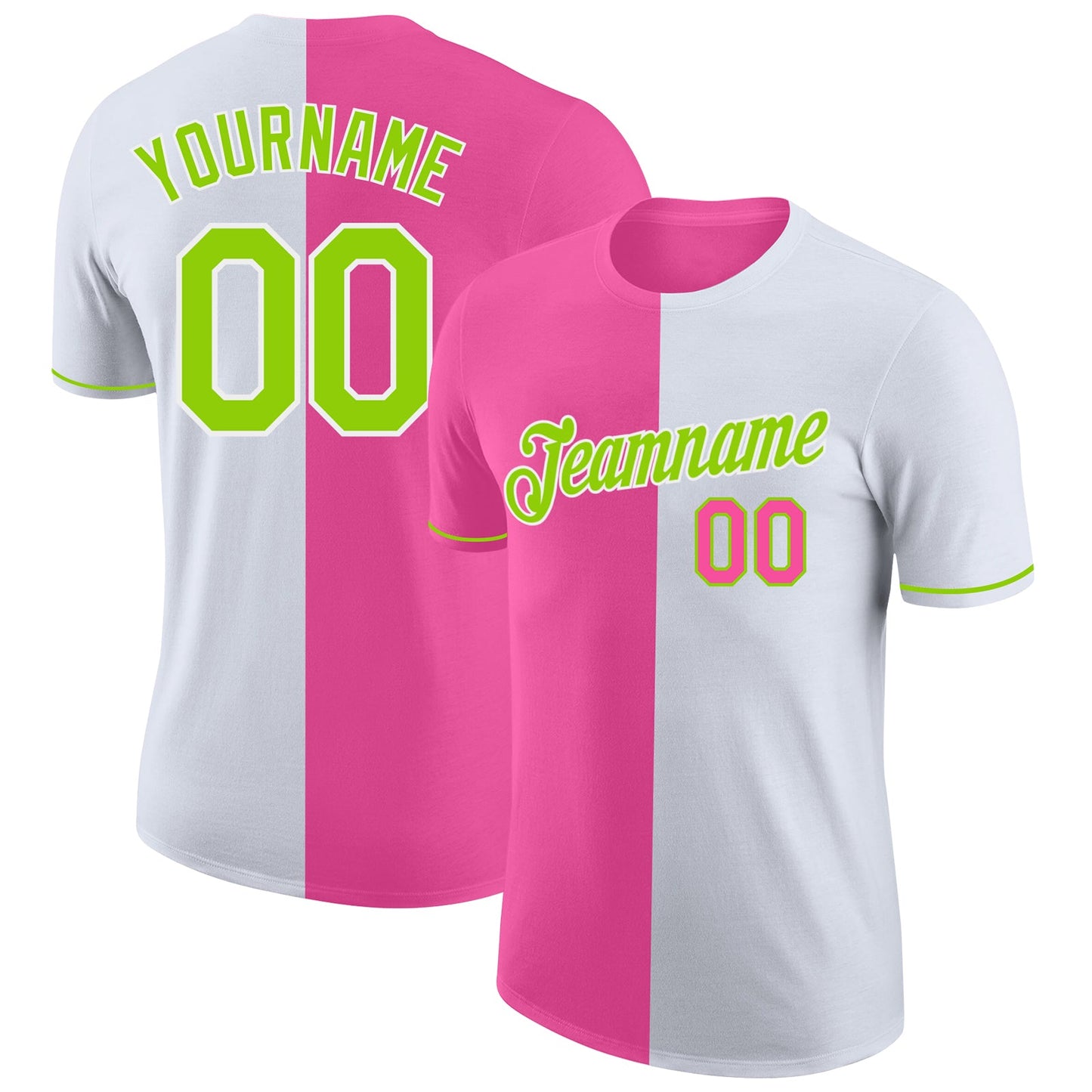 Custom White Neon Green-Pink Split Fashion Performance T-Shirt - Main View
