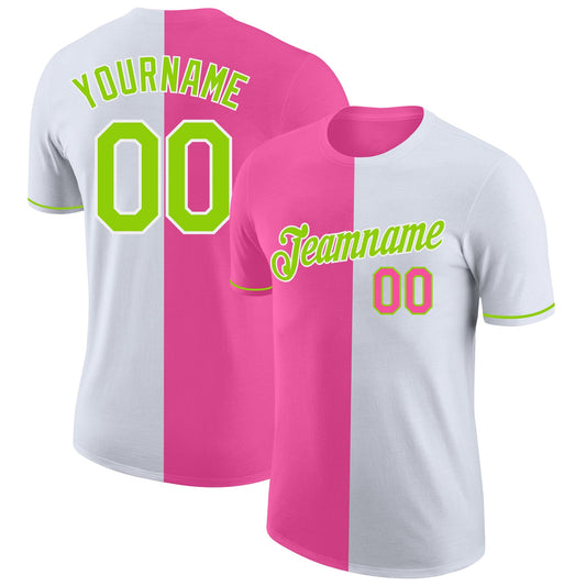 Custom White Neon Green-Pink Split Fashion Performance T-Shirt - Main View