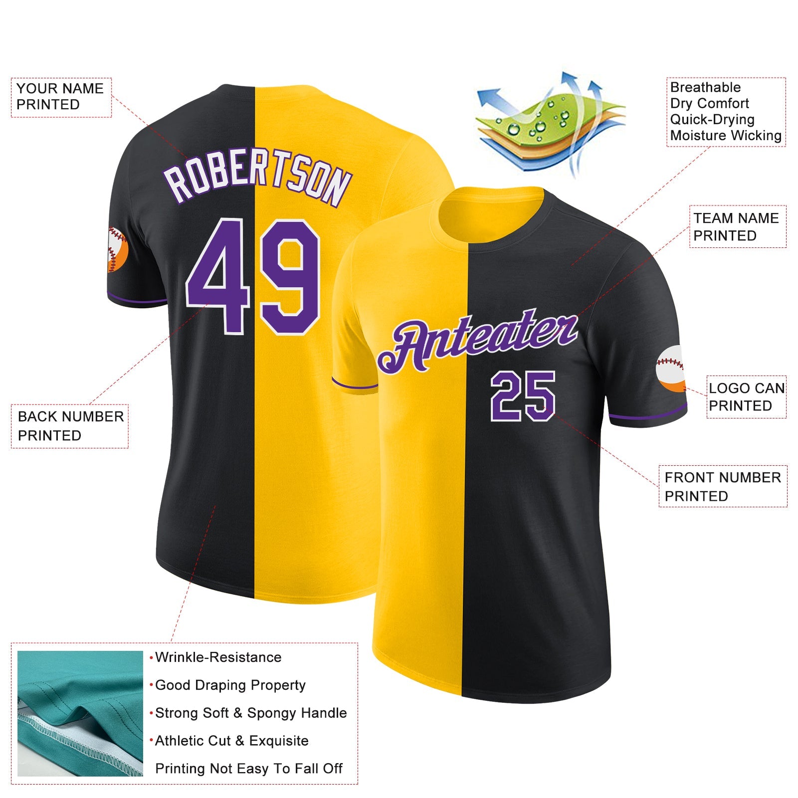 Custom Black Purple-Yellow Split Fashion Performance T-Shirt view 2