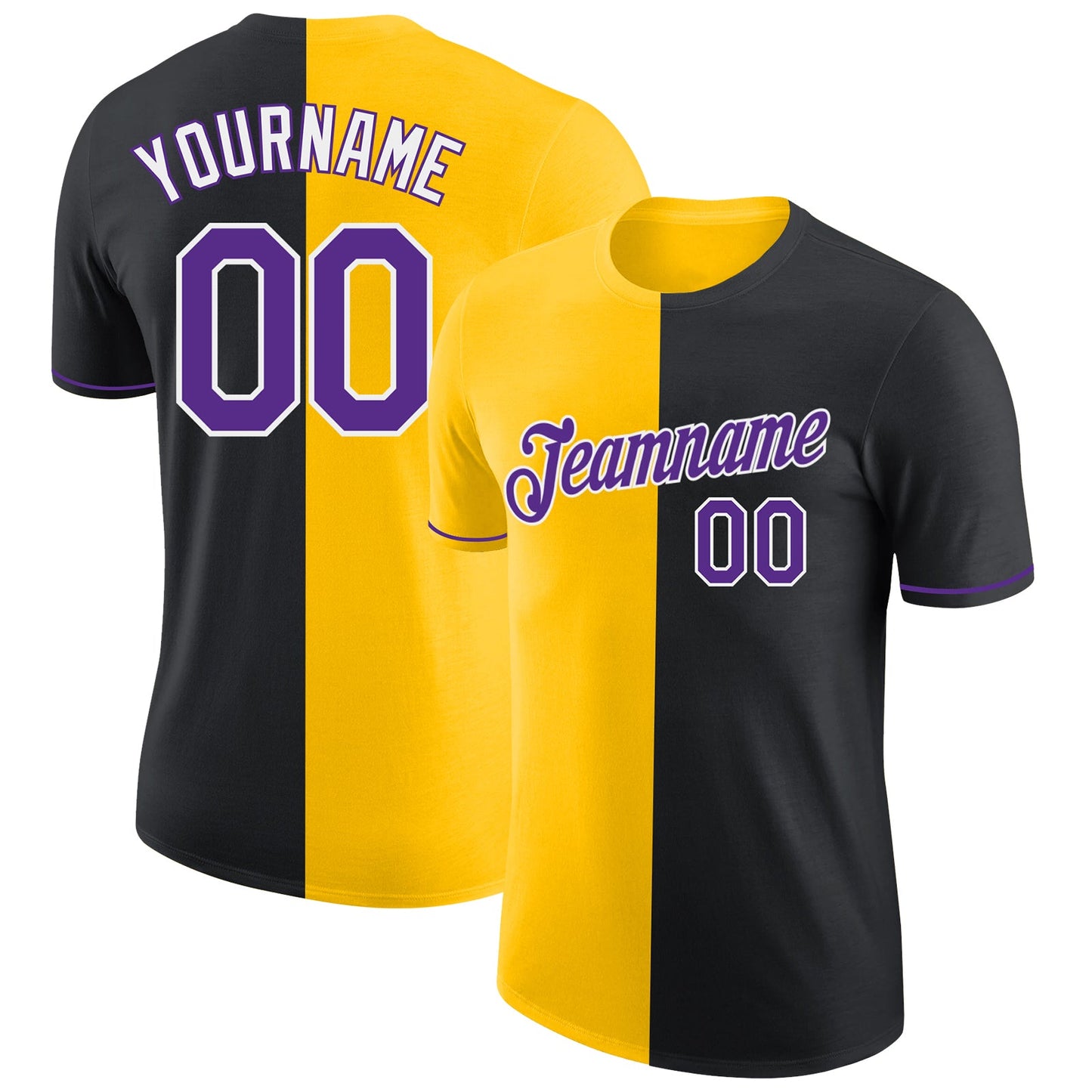 Custom Black Purple-Yellow Split Fashion Performance T-Shirt - Main View