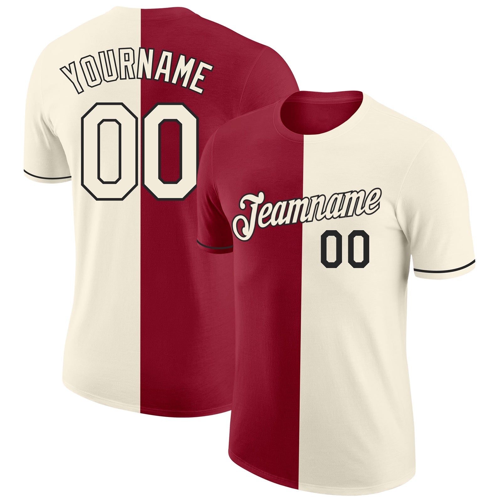 Custom Cream Crimson-Black Split Fashion Performance T-Shirt - Main View