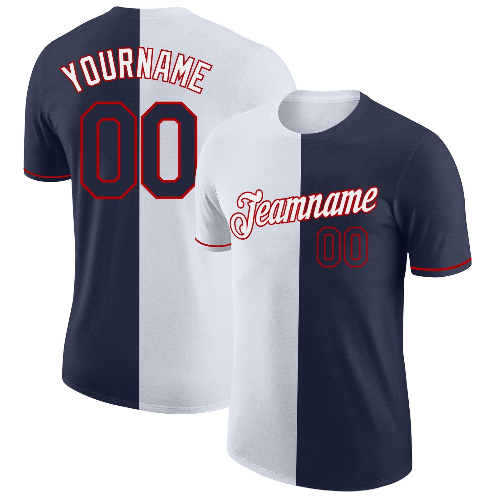 Custom Navy White-Red Split Fashion Performance T-Shirt - Main View