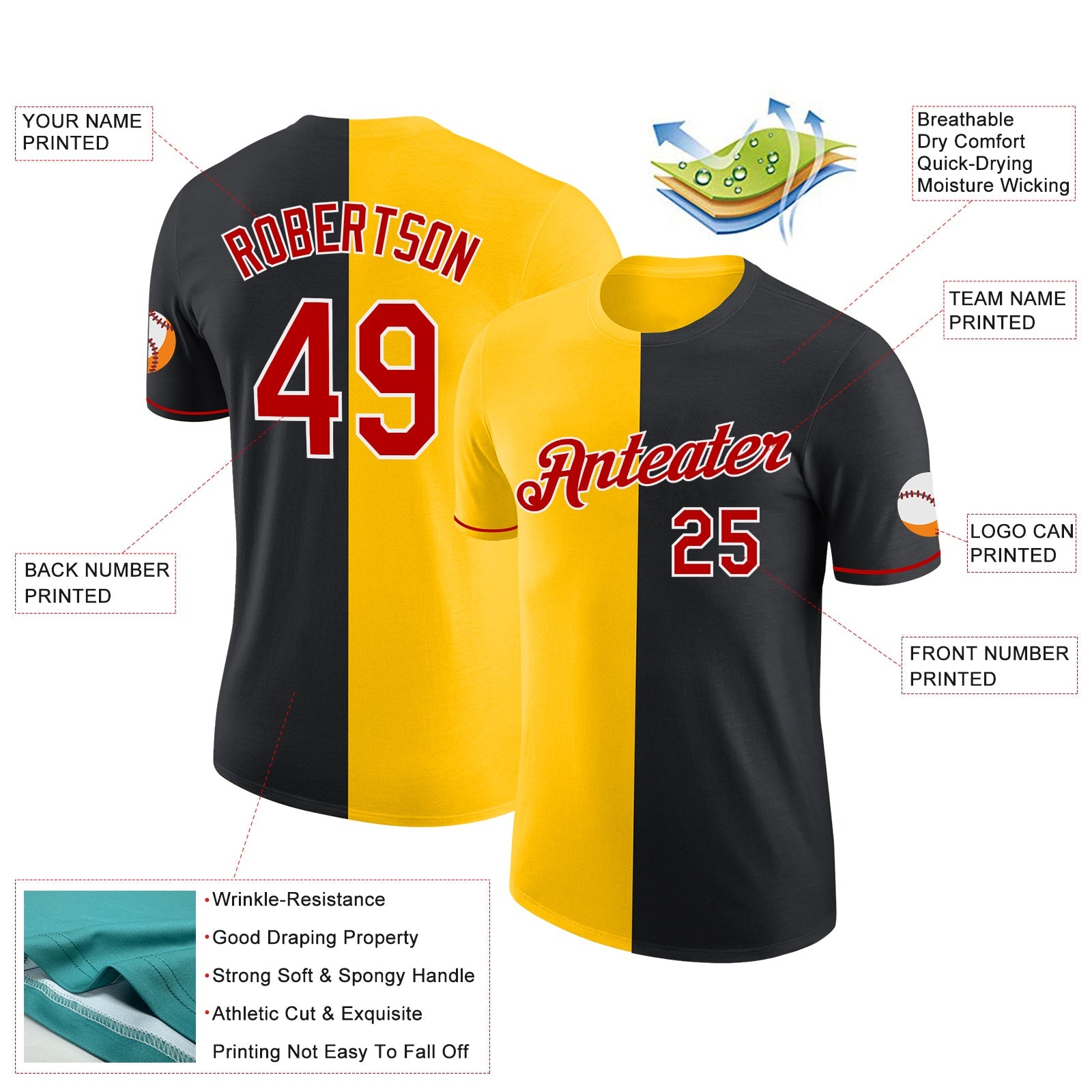 Custom Black Red-Yellow Split Fashion Performance T-Shirt view 2