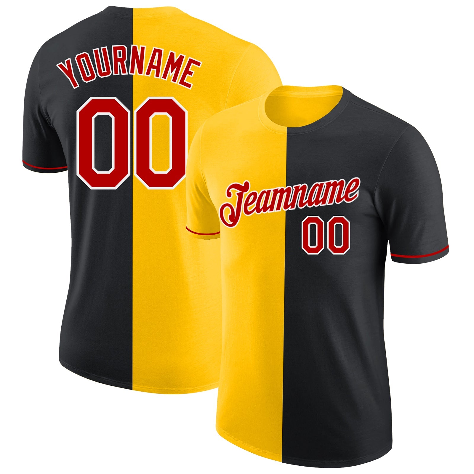 Custom Black Red-Yellow Split Fashion Performance T-Shirt - Main View