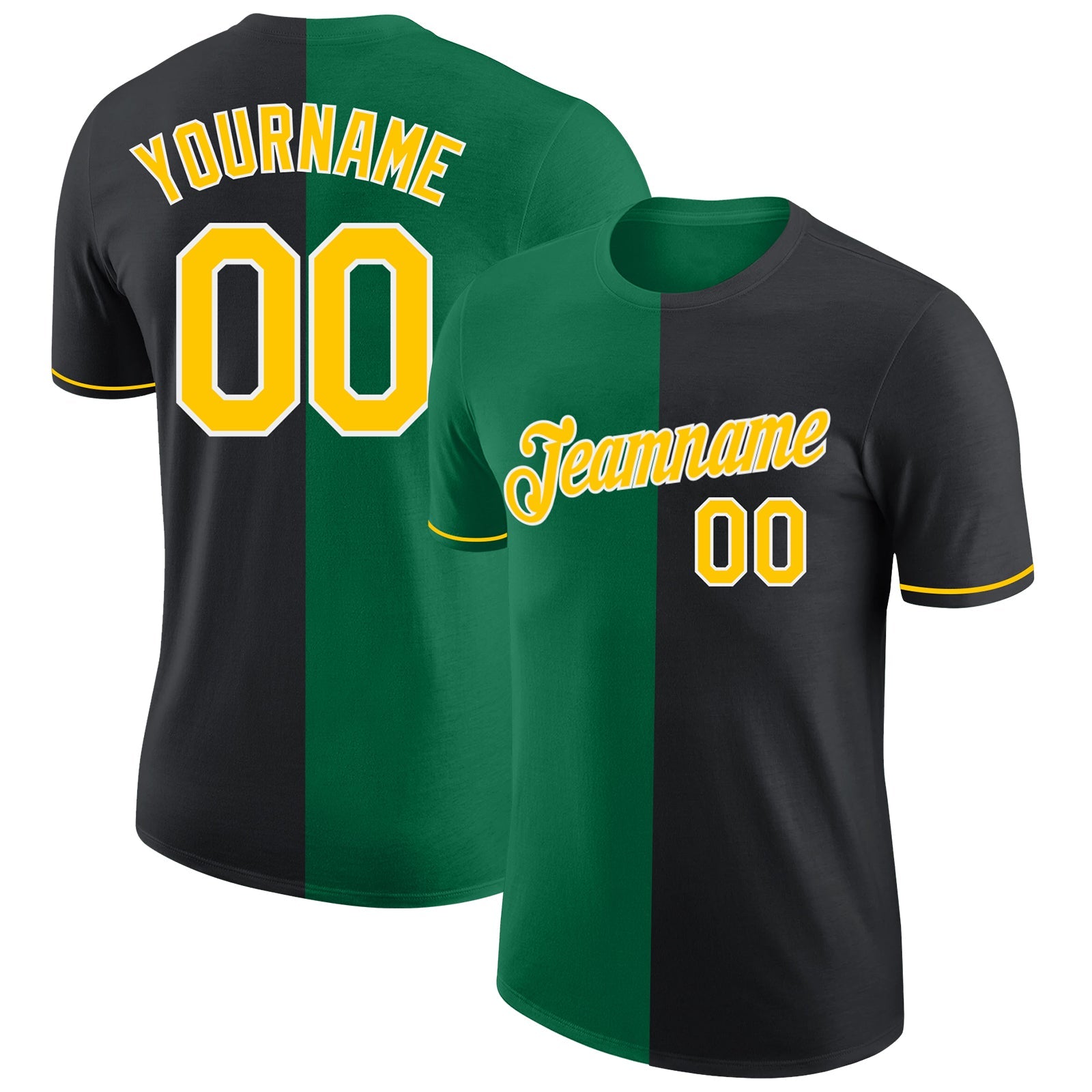 Custom Black Yellow-Kelly Green Split Fashion Performance T-Shirt - Main View