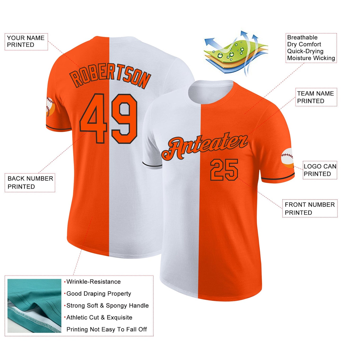 Custom Orange White-Black Split Fashion Performance T-Shirt view 2