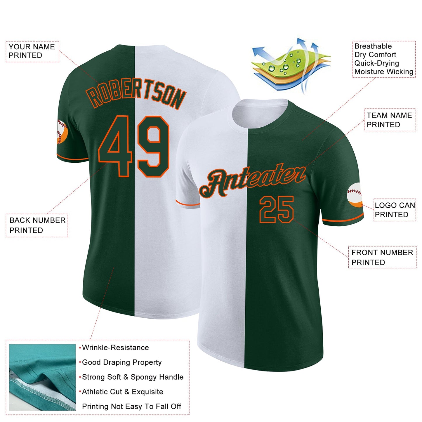 Custom Green White-Orange Split Fashion Performance T-Shirt view 2