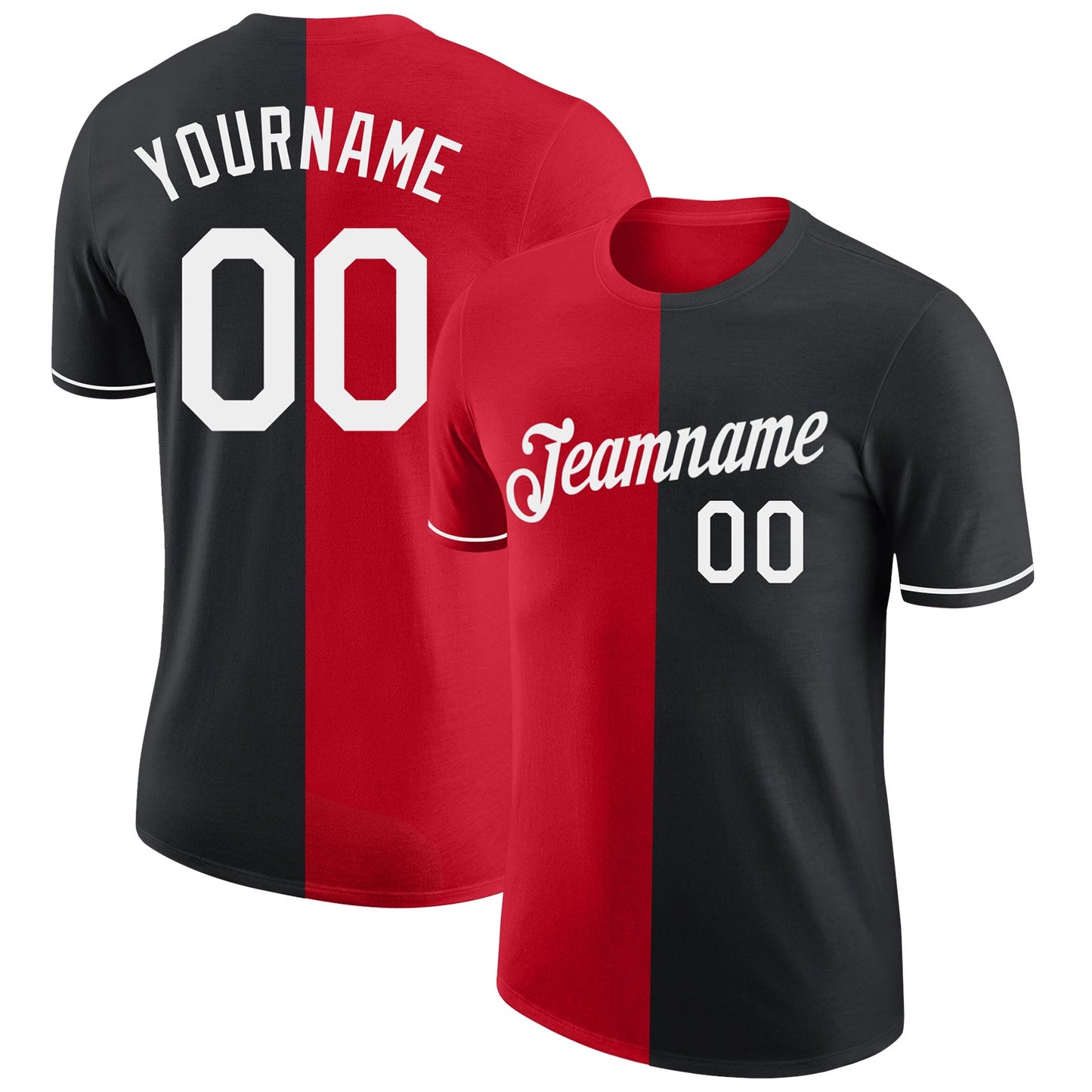 Custom Black White-Red Split Fashion Performance T-Shirt - Main View