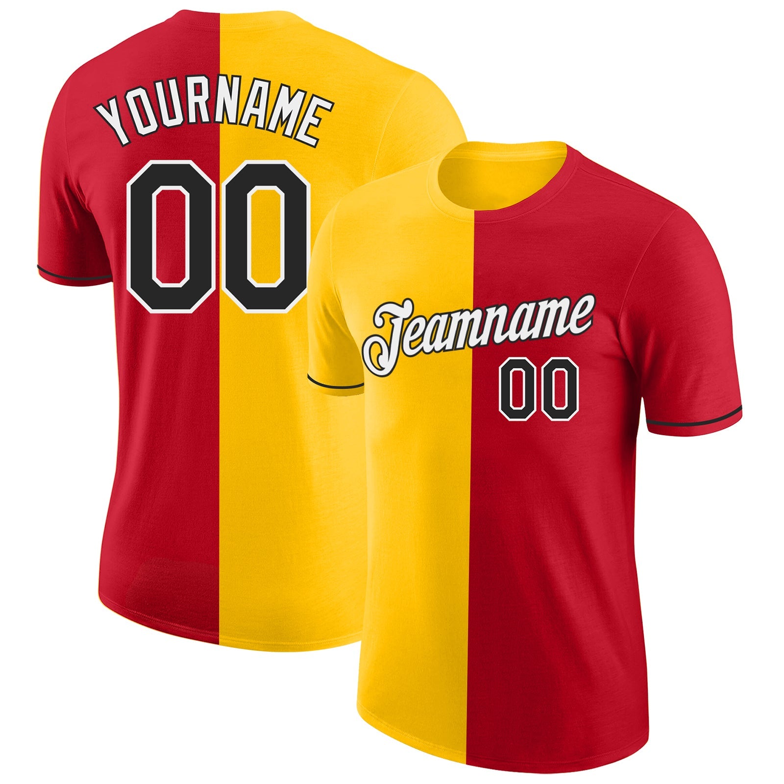 Custom Red Black-Yellow Split Fashion Performance T-Shirt - Main View