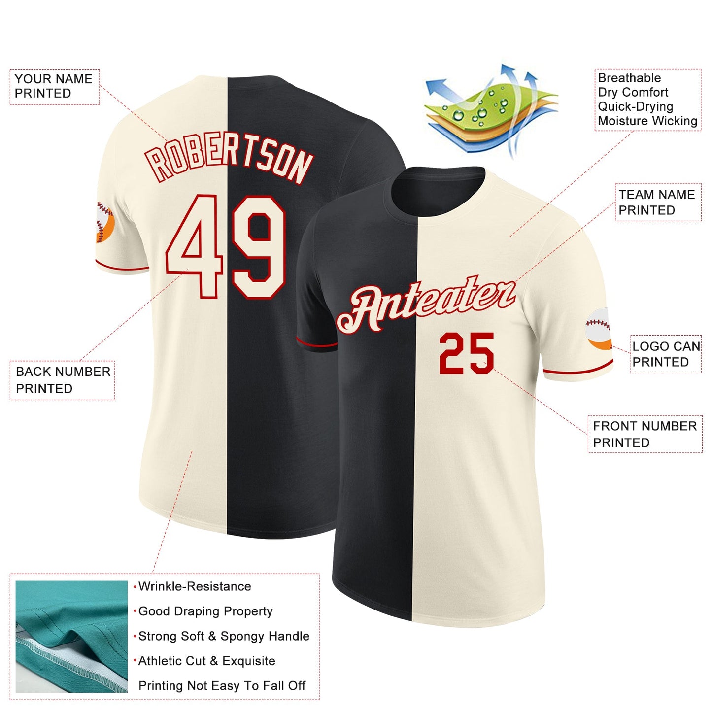 Custom Cream Black-Red Split Fashion Performance T-Shirt view 2