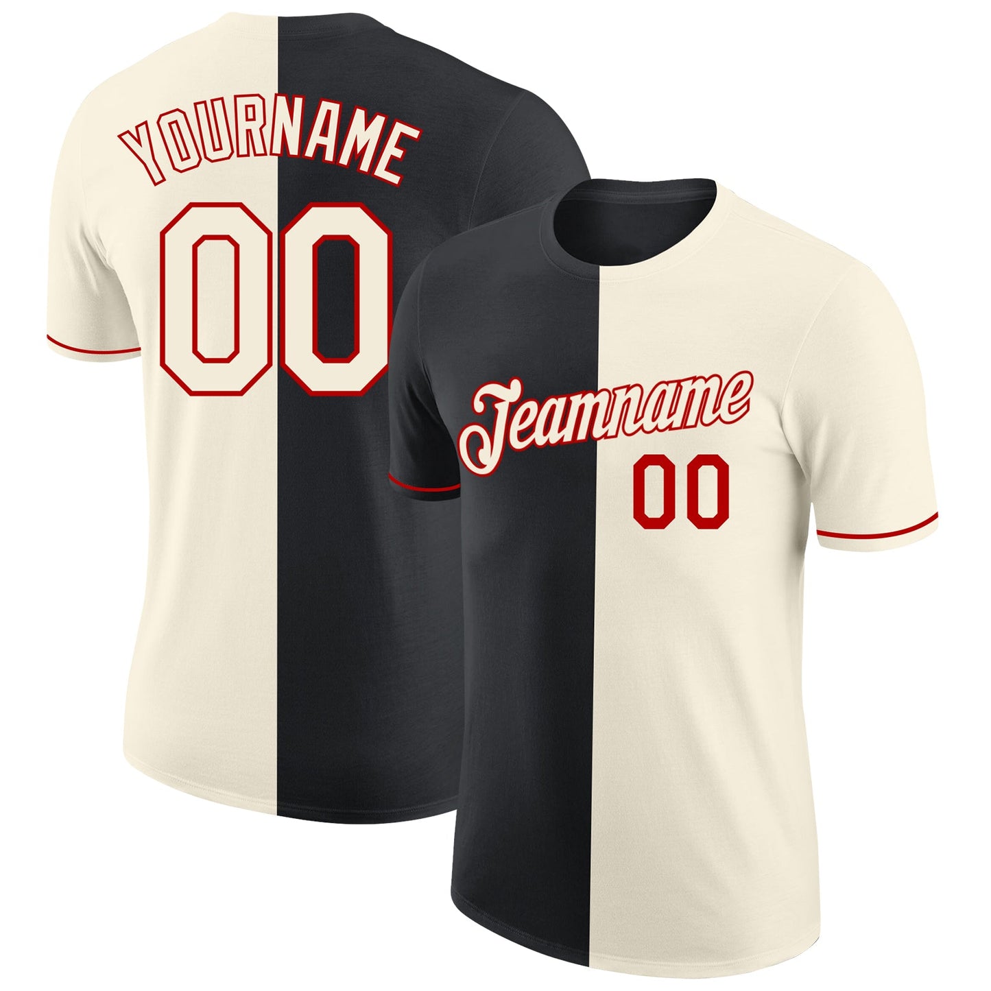 Custom Cream Black-Red Split Fashion Performance T-Shirt - Main View