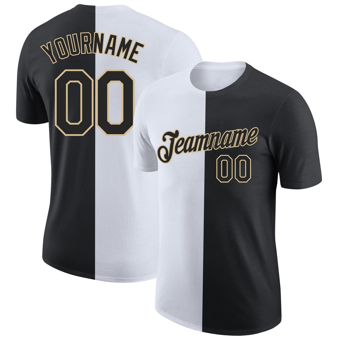 Custom Black White-Vegas Gold Split Fashion Performance T-Shirt - Main View