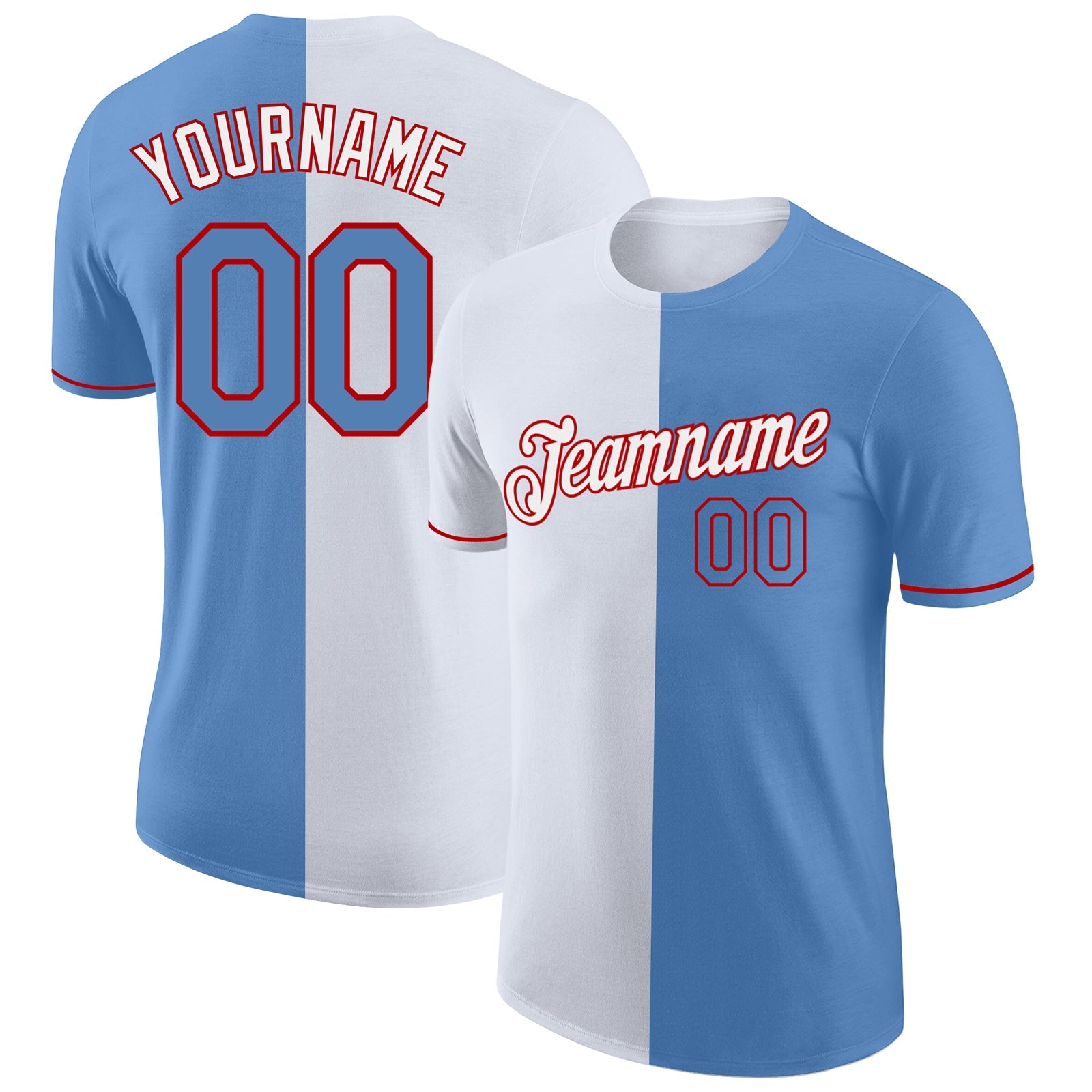 Custom Light Blue White-Red Split Fashion Performance T-Shirt - Main View