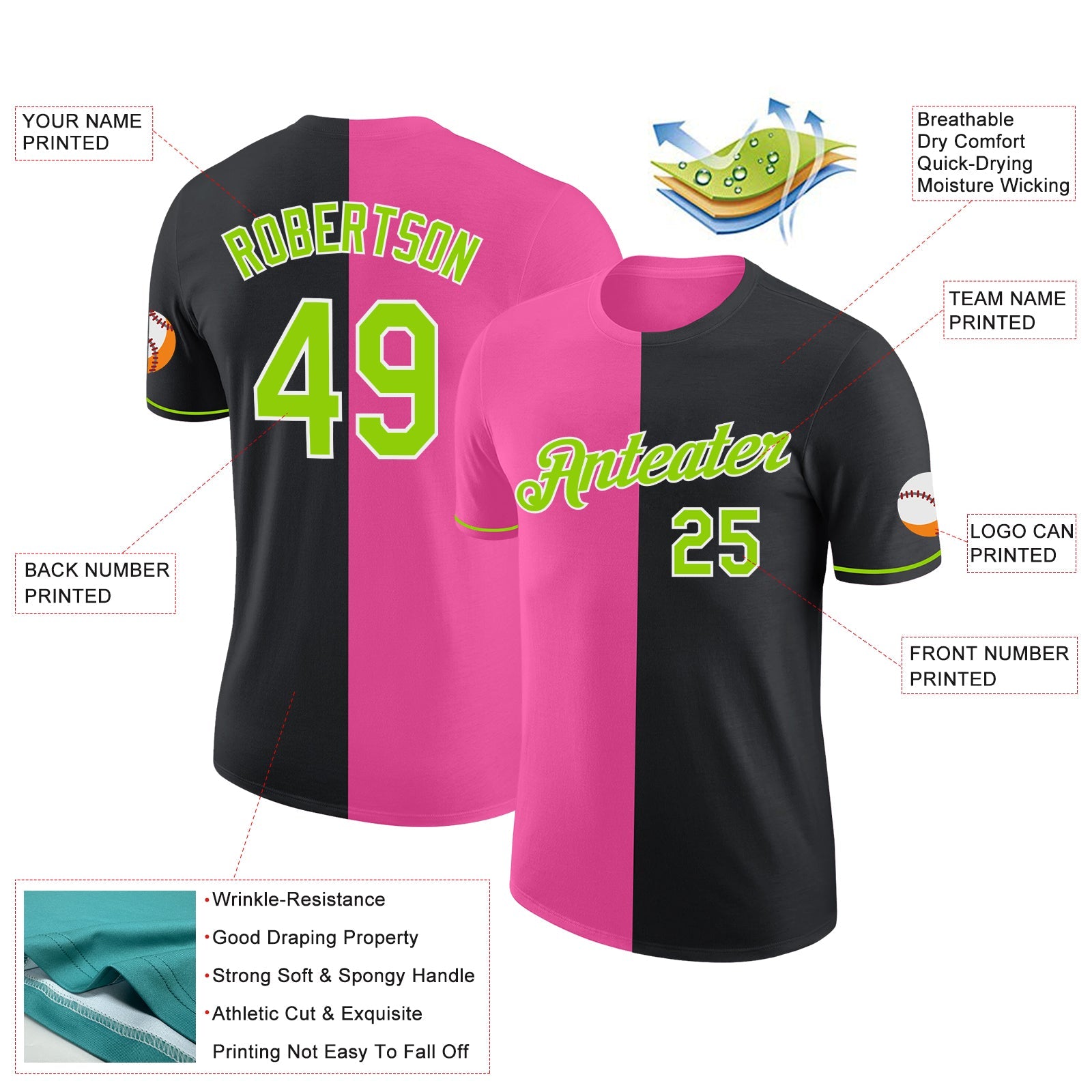Custom Black Neon Green-Pink Split Fashion Performance T-Shirt view 2