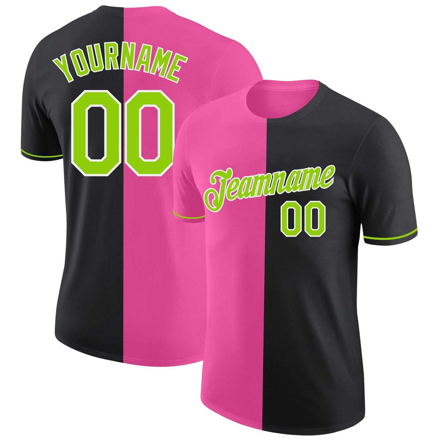 Custom Black Neon Green-Pink Split Fashion Performance T-Shirt - Main View