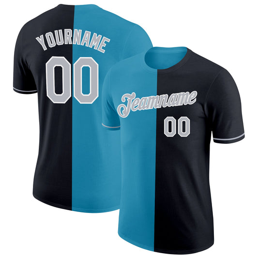 Custom Black Gray-Panther Blue Split Fashion Performance T-Shirt - Main View
