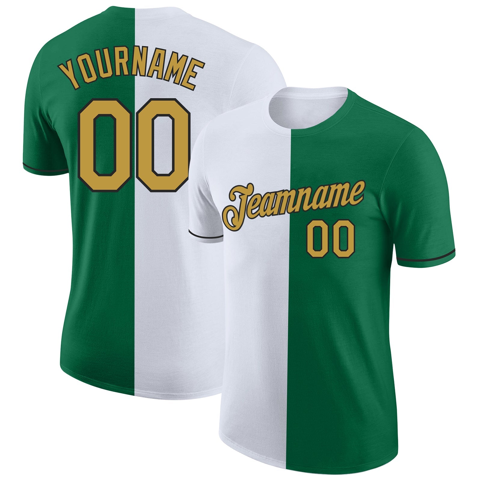 Custom Kelly Green Old Gold-Black Split Fashion Performance T-Shirt - Main View