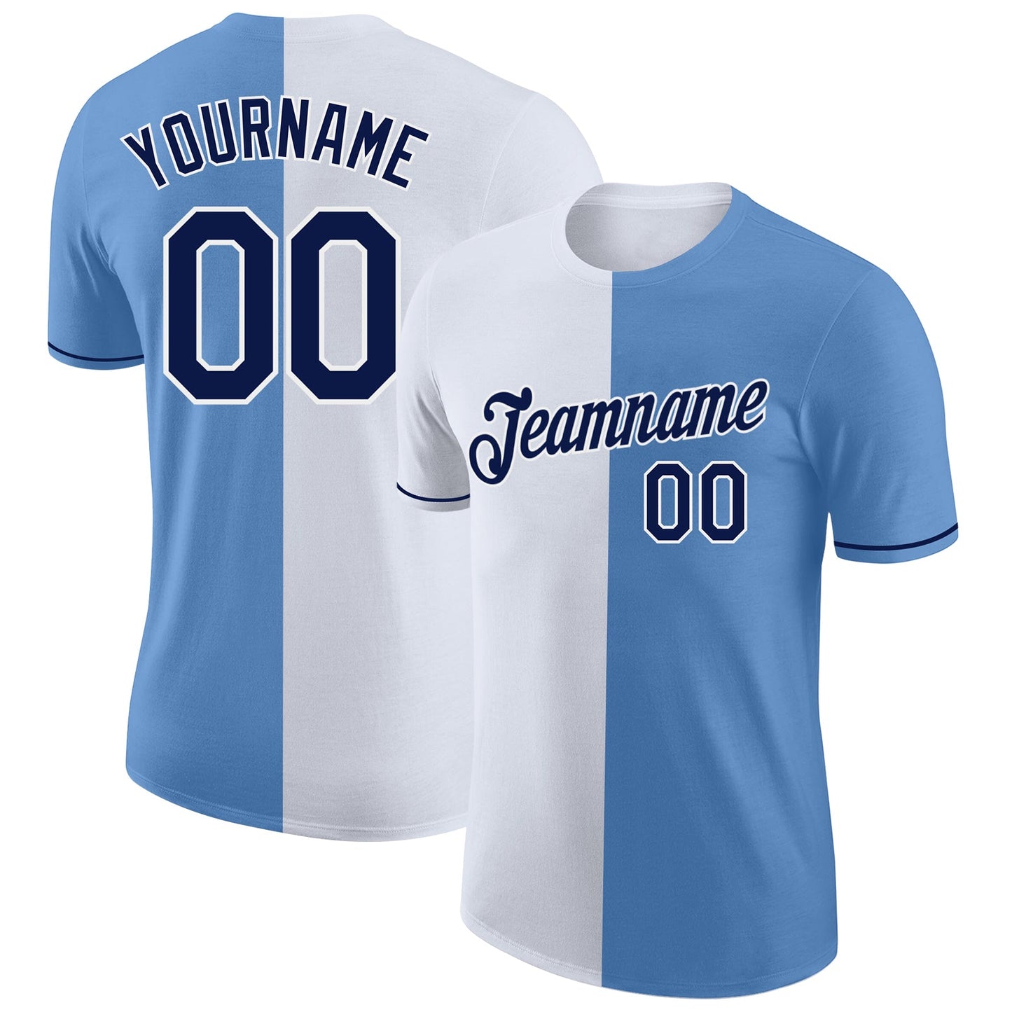 Custom Light Blue Navy-White Split Fashion Performance T-Shirt - Main View