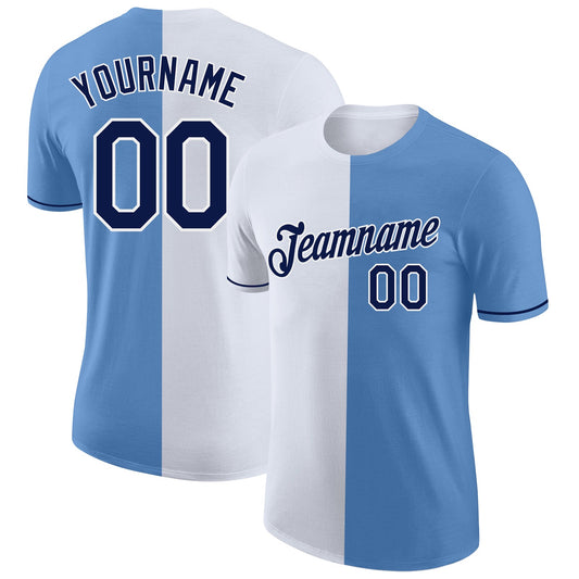 Custom Light Blue Navy-White Split Fashion Performance T-Shirt - Main View