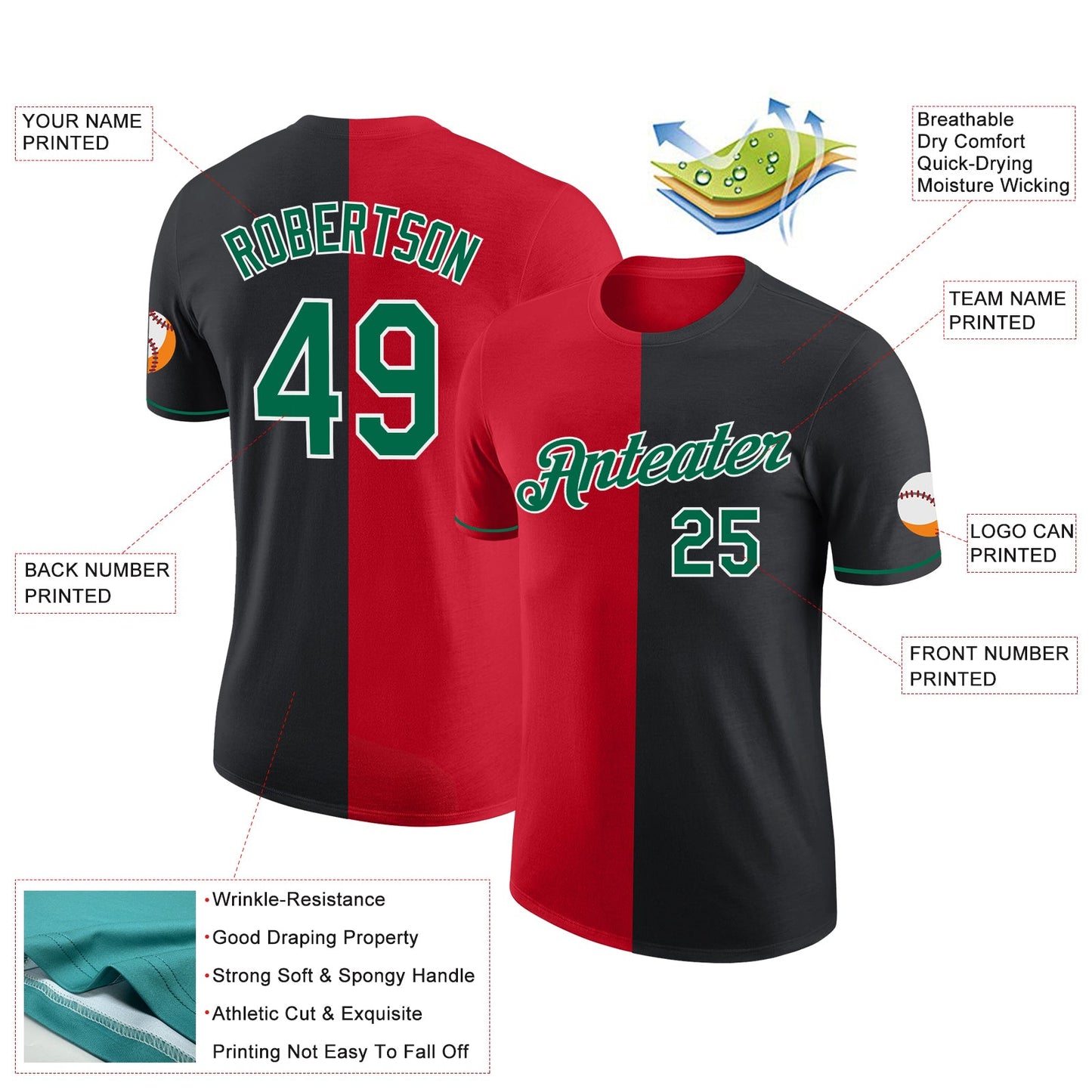 Custom Black Kelly Green-Red Split Fashion Performance T-Shirt view 2