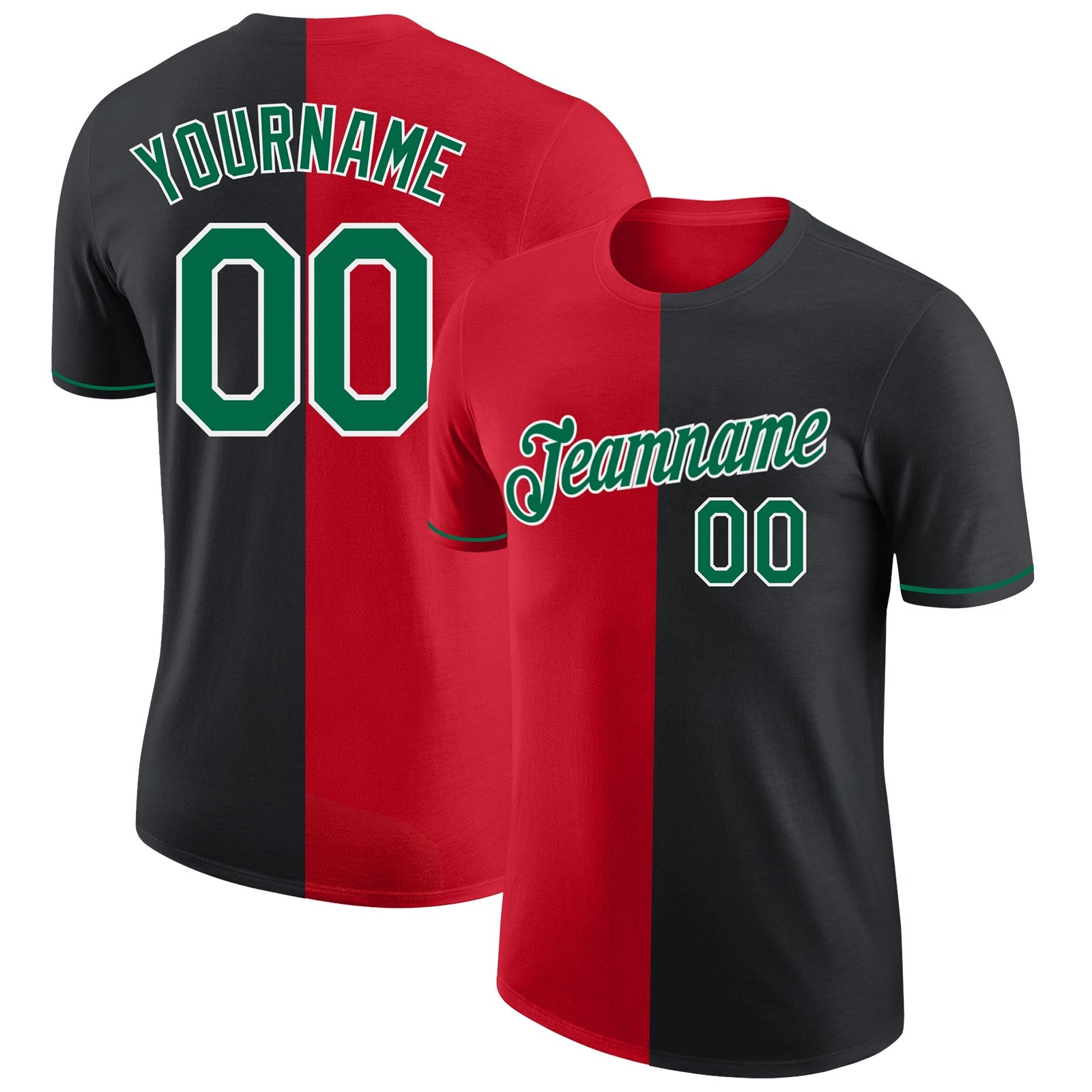 Custom Black Kelly Green-Red Split Fashion Performance T-Shirt - Main View