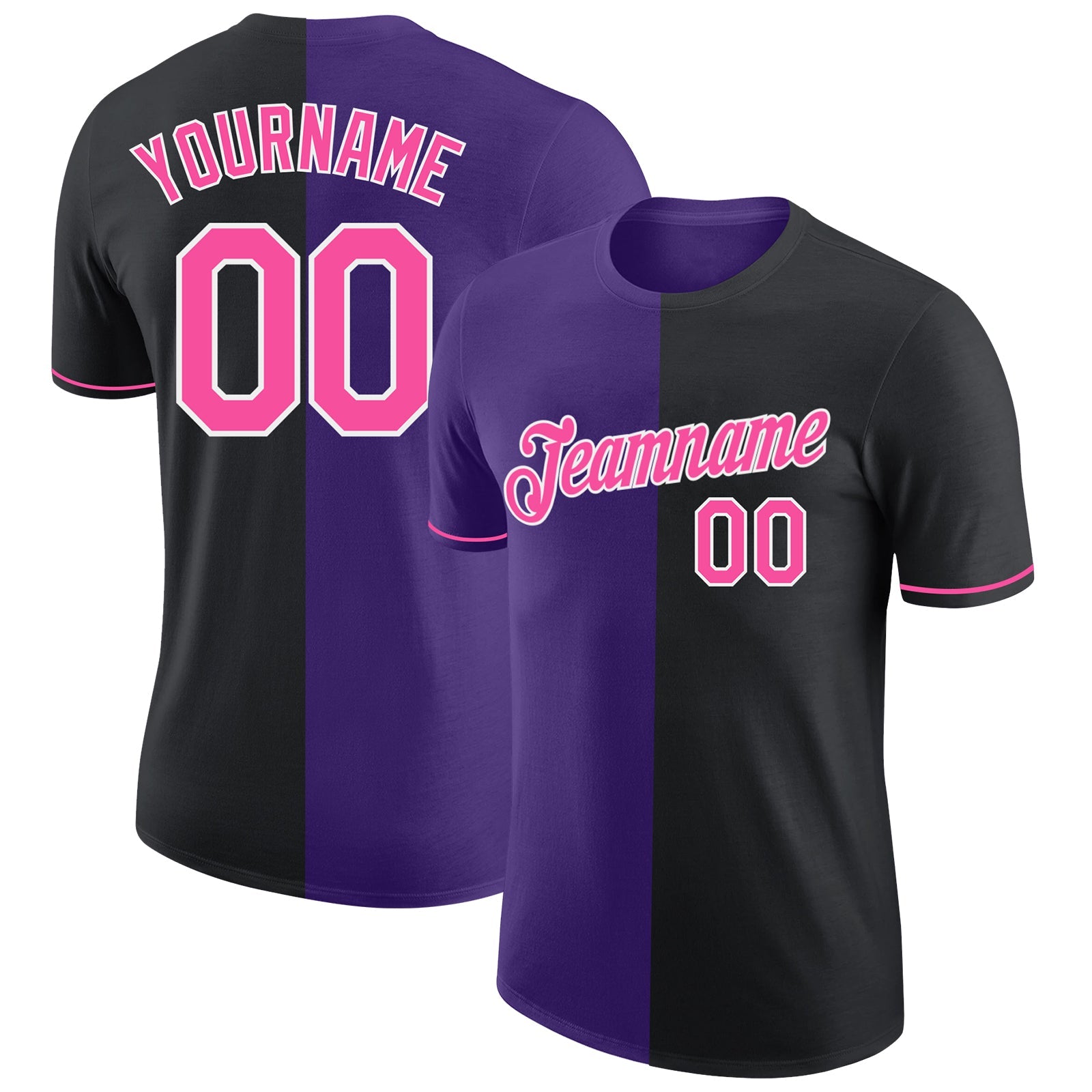 Custom Black Pink-Purple Split Fashion Performance T-Shirt - Main View