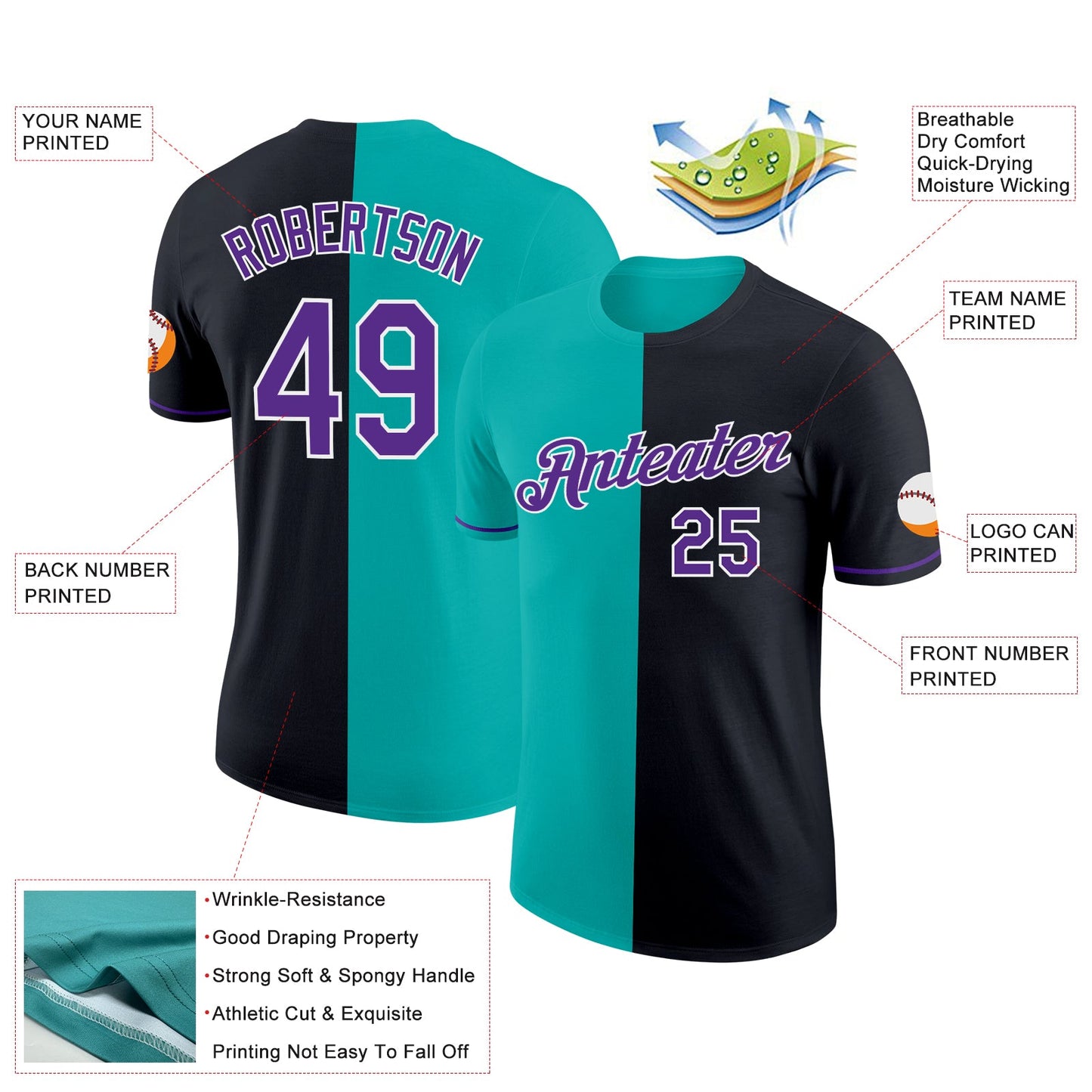Custom Black Purple-Aqua Split Fashion Performance T-Shirt view 2