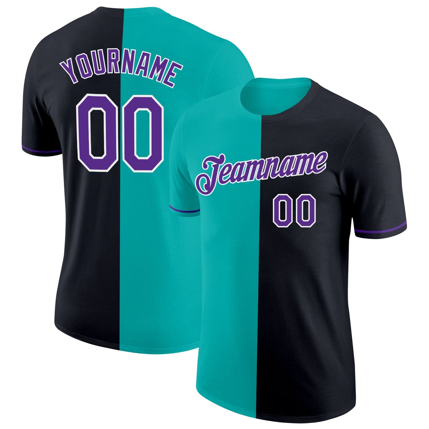 Custom Black Purple-Aqua Split Fashion Performance T-Shirt - Main View